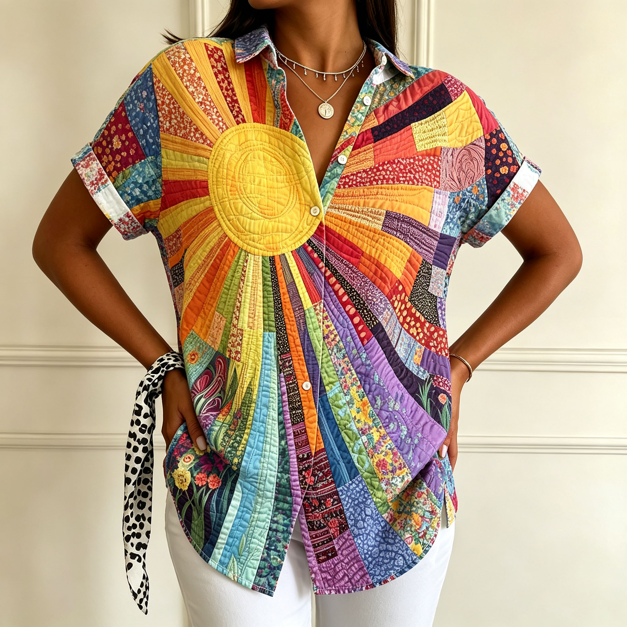 Women’s Colorful Patchwork Print Button Down Shirt – Short Sleeve Casual Blouse with Artistic Boho Pattern, Lightweight Polyester Tops for Women, Summer Vacation Casual Wear