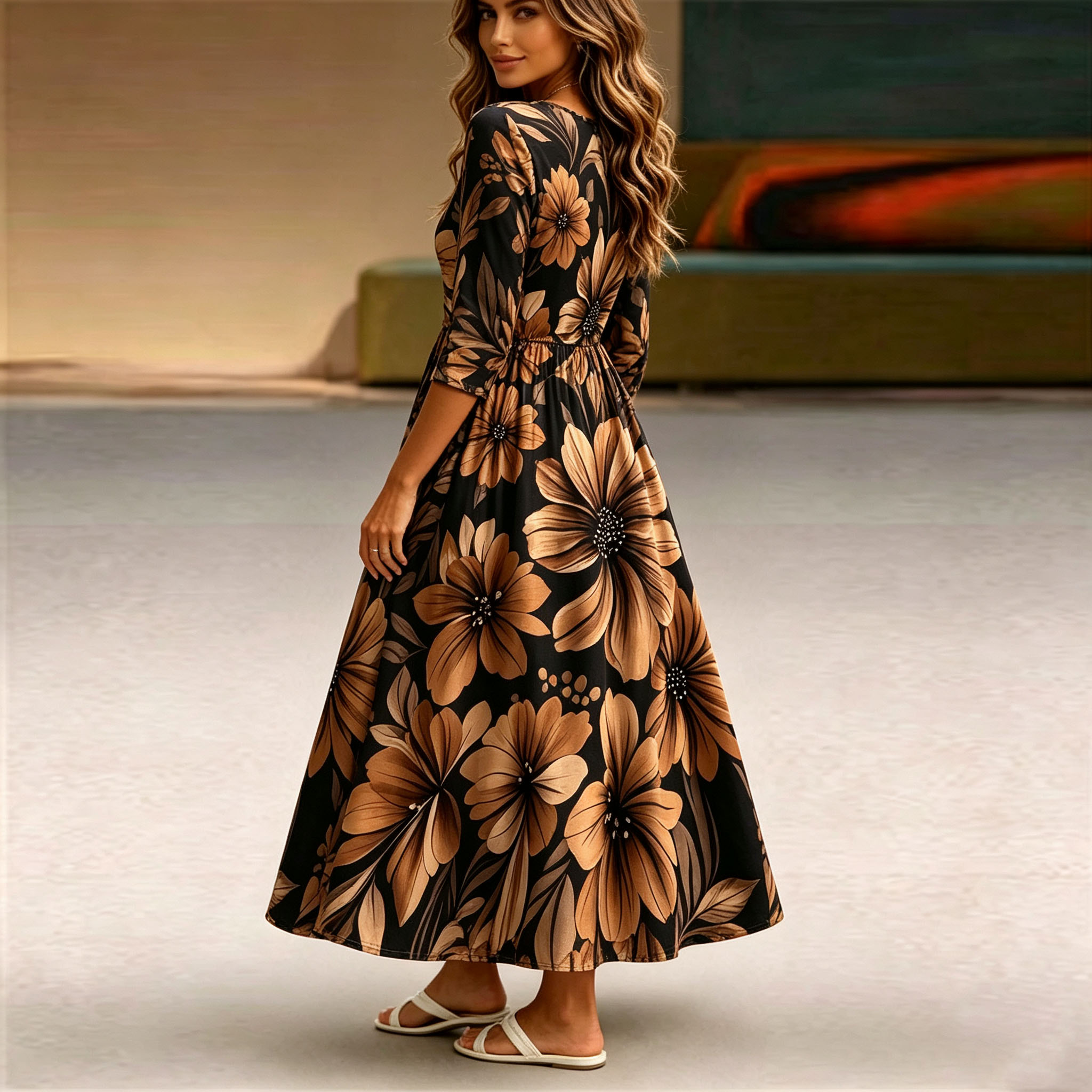 Women’s Floral Maxi Dress, Elegant Black Long Sleeve Flower Print Dress, A-Line Swing Casual Dress with Pockets, Lightweight Polyester Boho Dress for Fall, Party, Vacation & Everyday Wear
