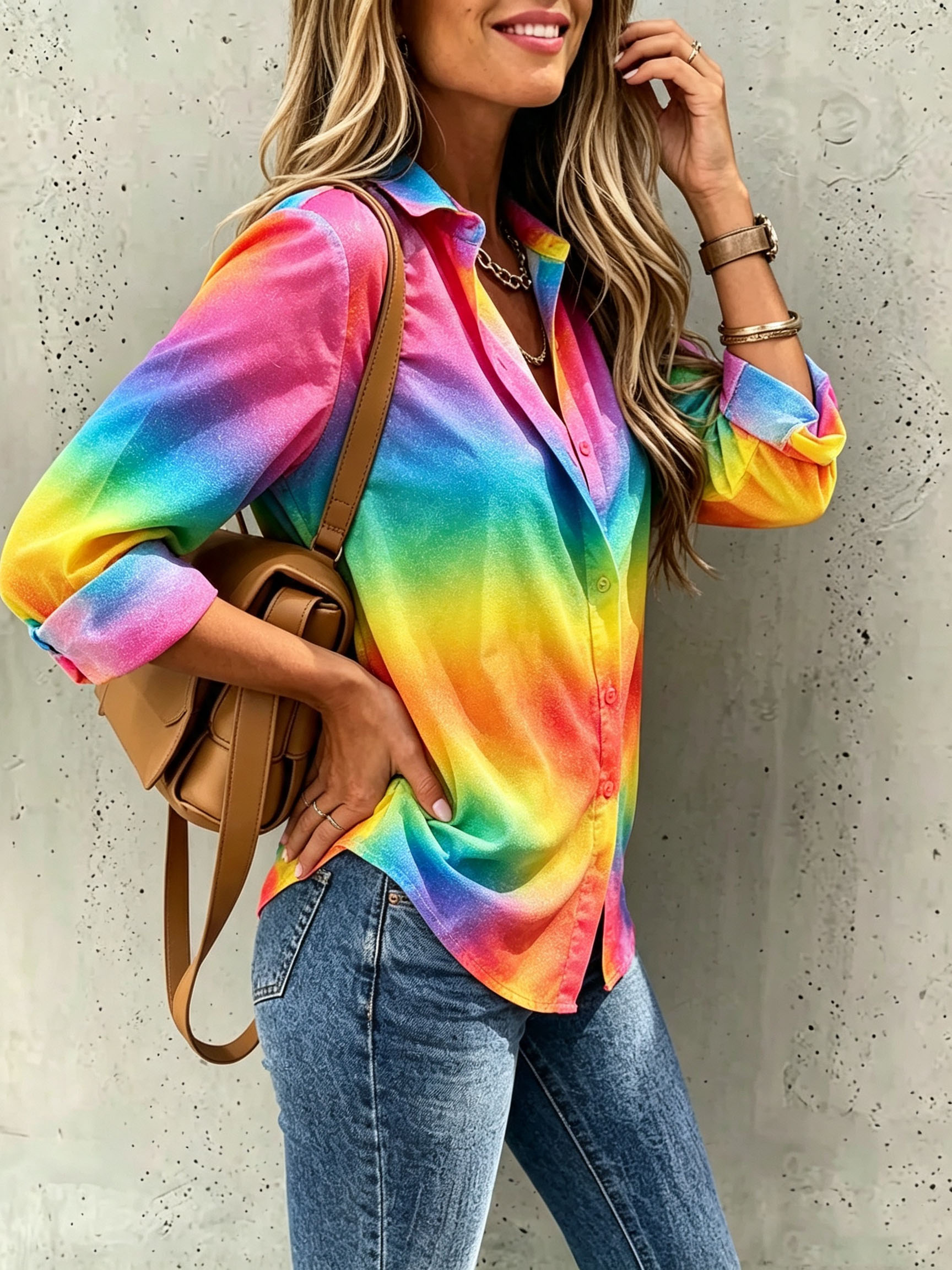 Women's Rainbow Gradient Button Down Shirt Casual Long Sleeve Blouse Colorful Printed Loose Fit Tops Beach Vacation Shirt-gemscharms