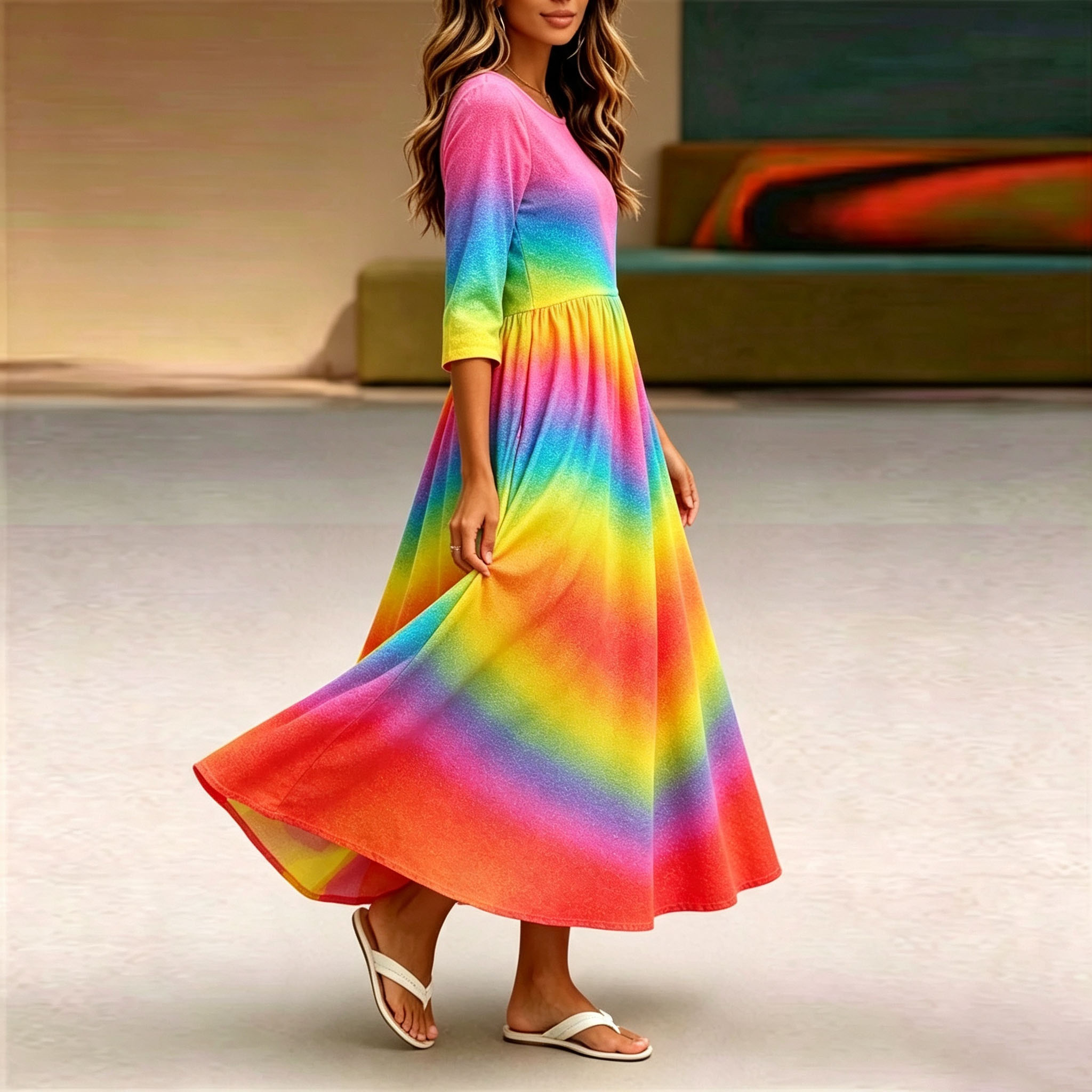Women’s Rainbow Tie Dye Print Midi Dress – Mid-Length Sleeve Casual Loose Fit Long Dress with Pockets