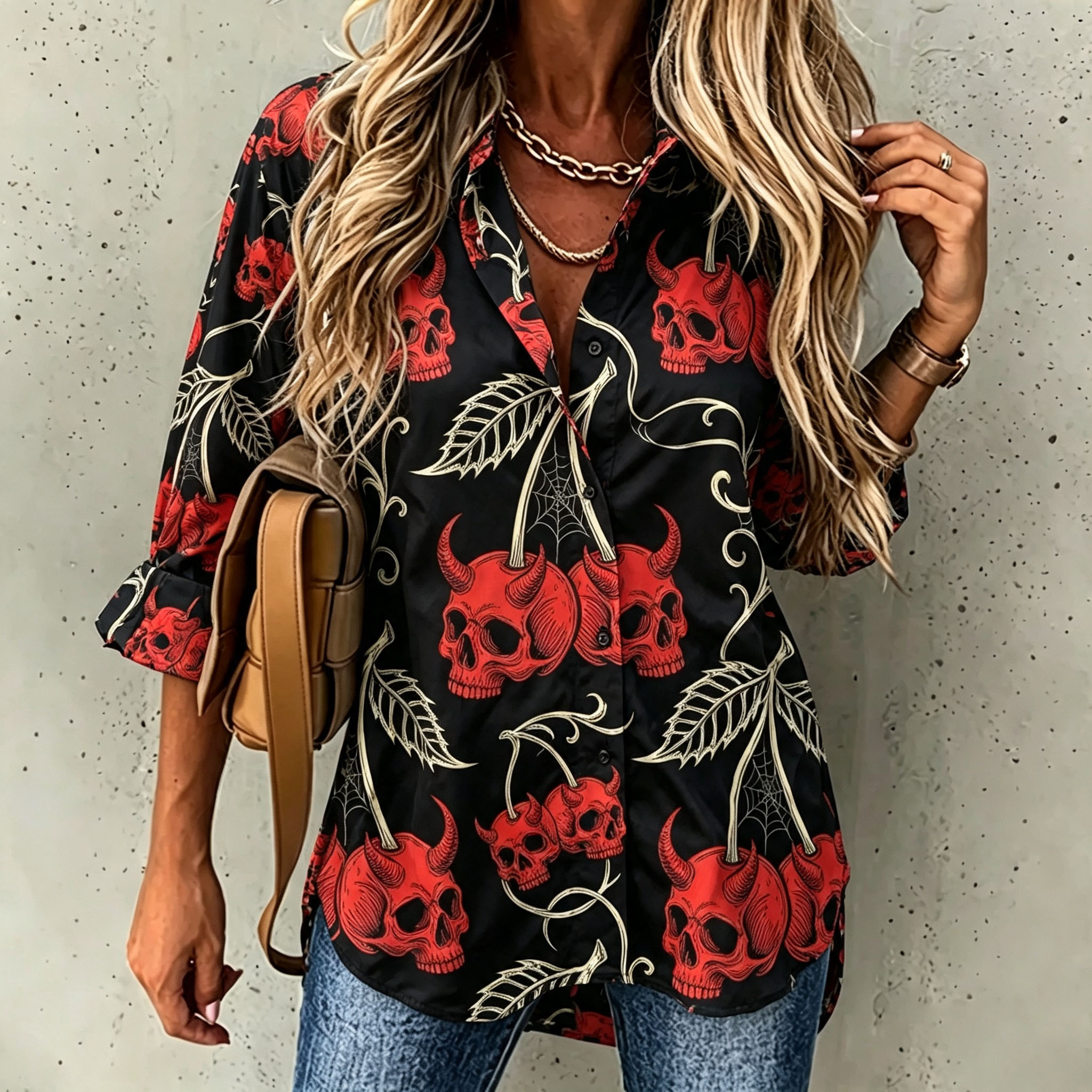 Elegant Special Edition Women's Printed Shirt - Long Sleeve Button- Shirt with Classic Collar, Suitable for Office, Commuting, or Formal Events, Office Attire, Sophisticated Casual