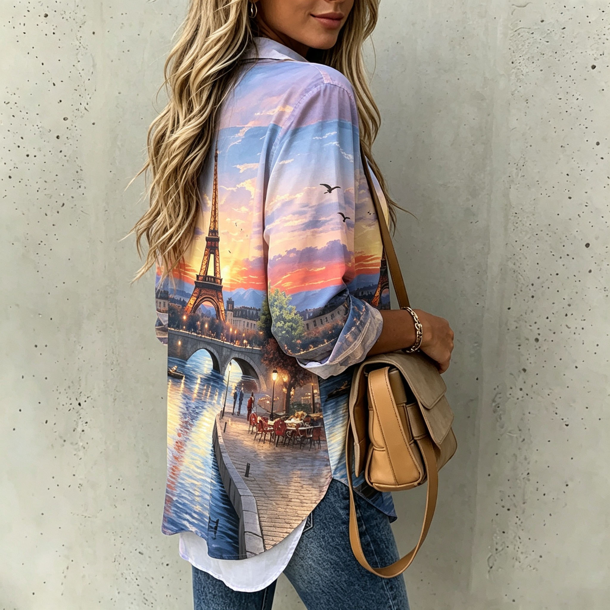 Women's Paris Eiffel Tower Print Button Down Shirt – Long Sleeve Casual Blouse with Romantic City Landscape Design and Relaxed Fit-gemscharms