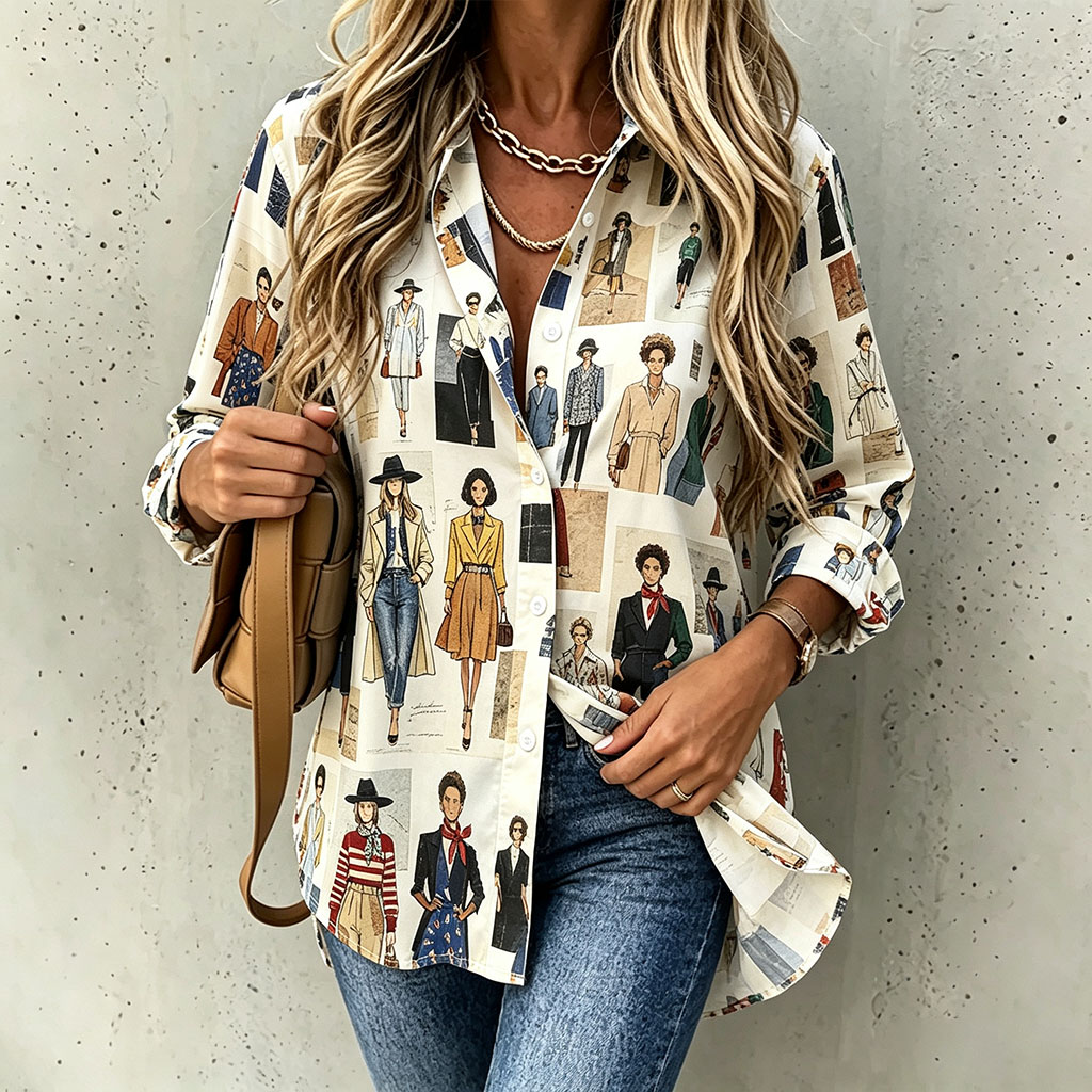 Women’s Fashion Illustration Print Button Down Shirt, Artistic Style Printed Blouse, Casual Loose Fit Long Sleeve Collared Top for Spring Summer Fall