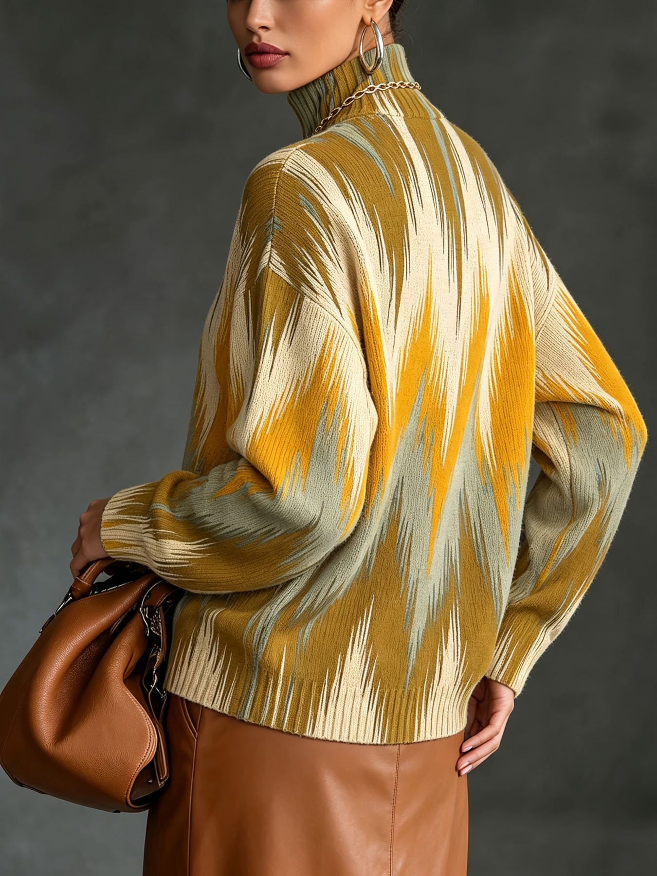  Women's High Neck Oversized Sweater, Abstract Ikat Print Loose Long Sleeve Casual Pullover Knit Top for Fall Winter