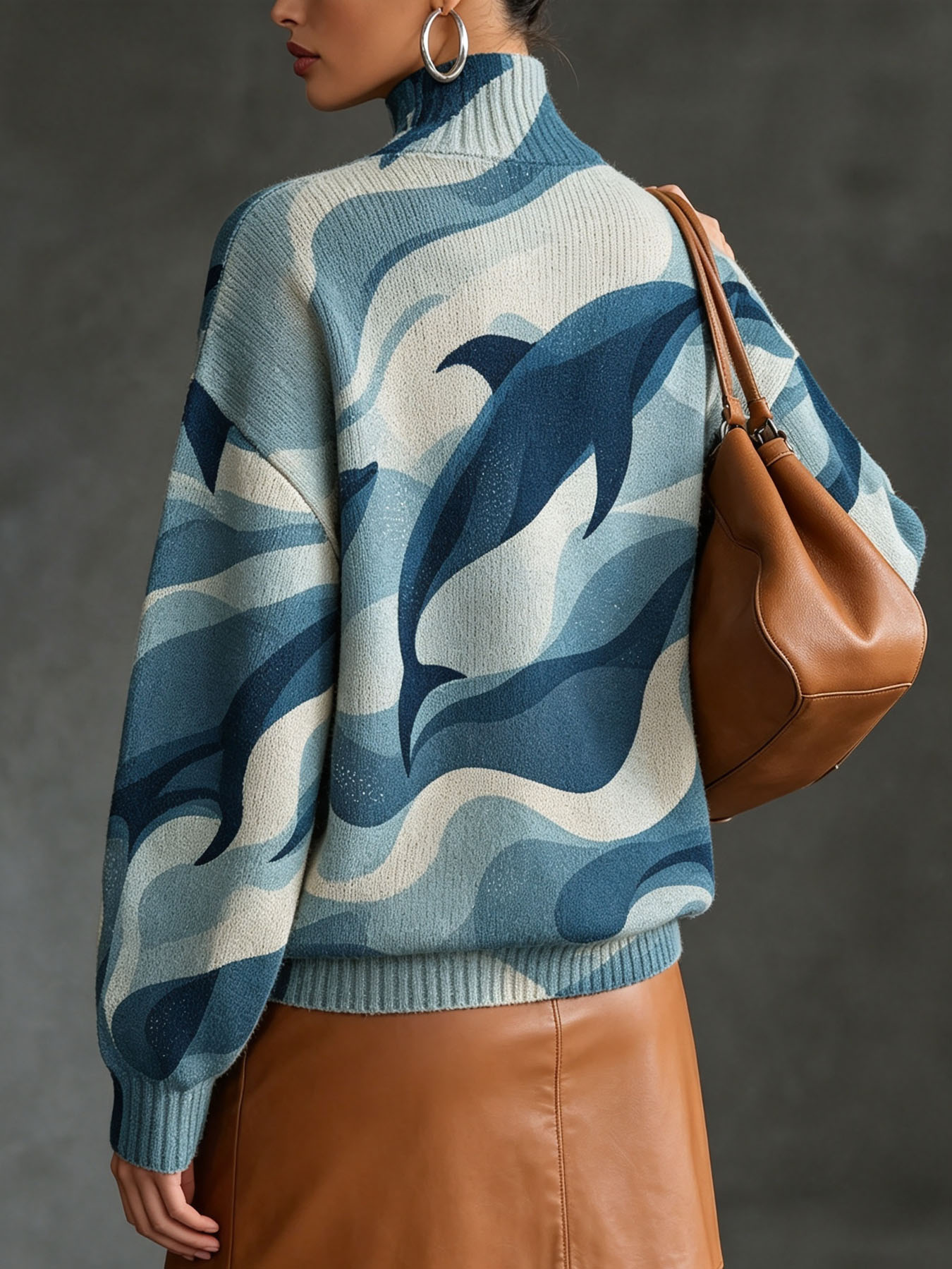 1. Women's Oversized Turtleneck Sweater, Ocean Dolphin Wave Print Long Sleeve Loose Casual Fall Winter Pullover Knit Top 2.