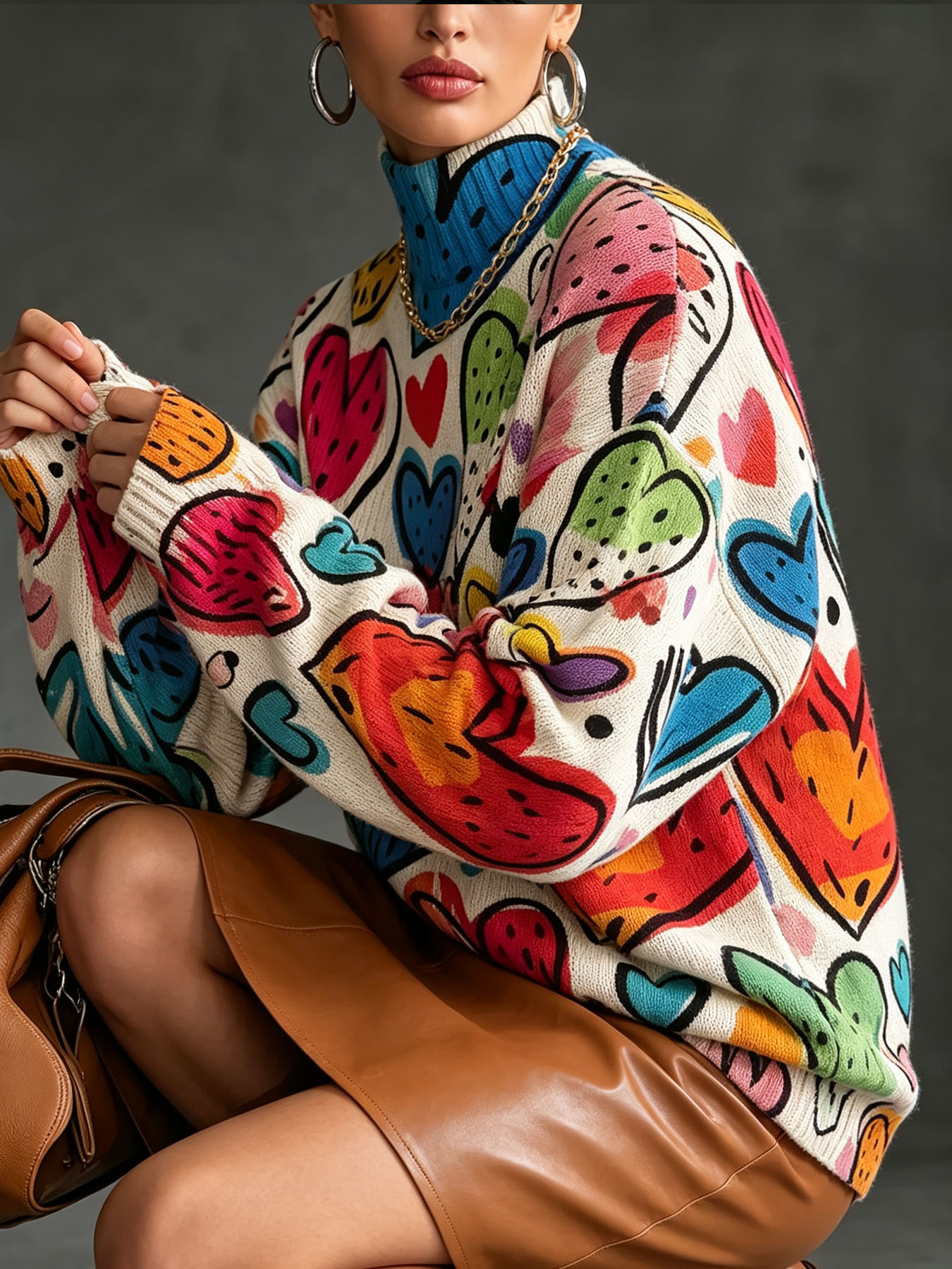 Women's Oversized Turtleneck Sweater, Colorful Graffiti Heart Print Long Sleeve Loose Casual Fall Winter Pullover Knit Top 2.