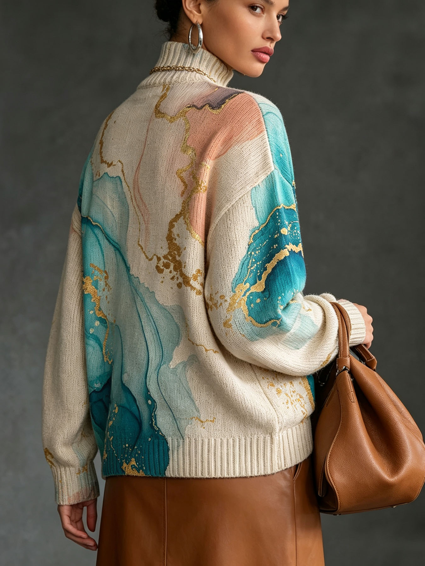  Women's Oversized Turtleneck Sweater, Marble Alcohol Ink Gold Foil Print Long Sleeve Loose Casual Fall Winter Pullover Knit Top 2.