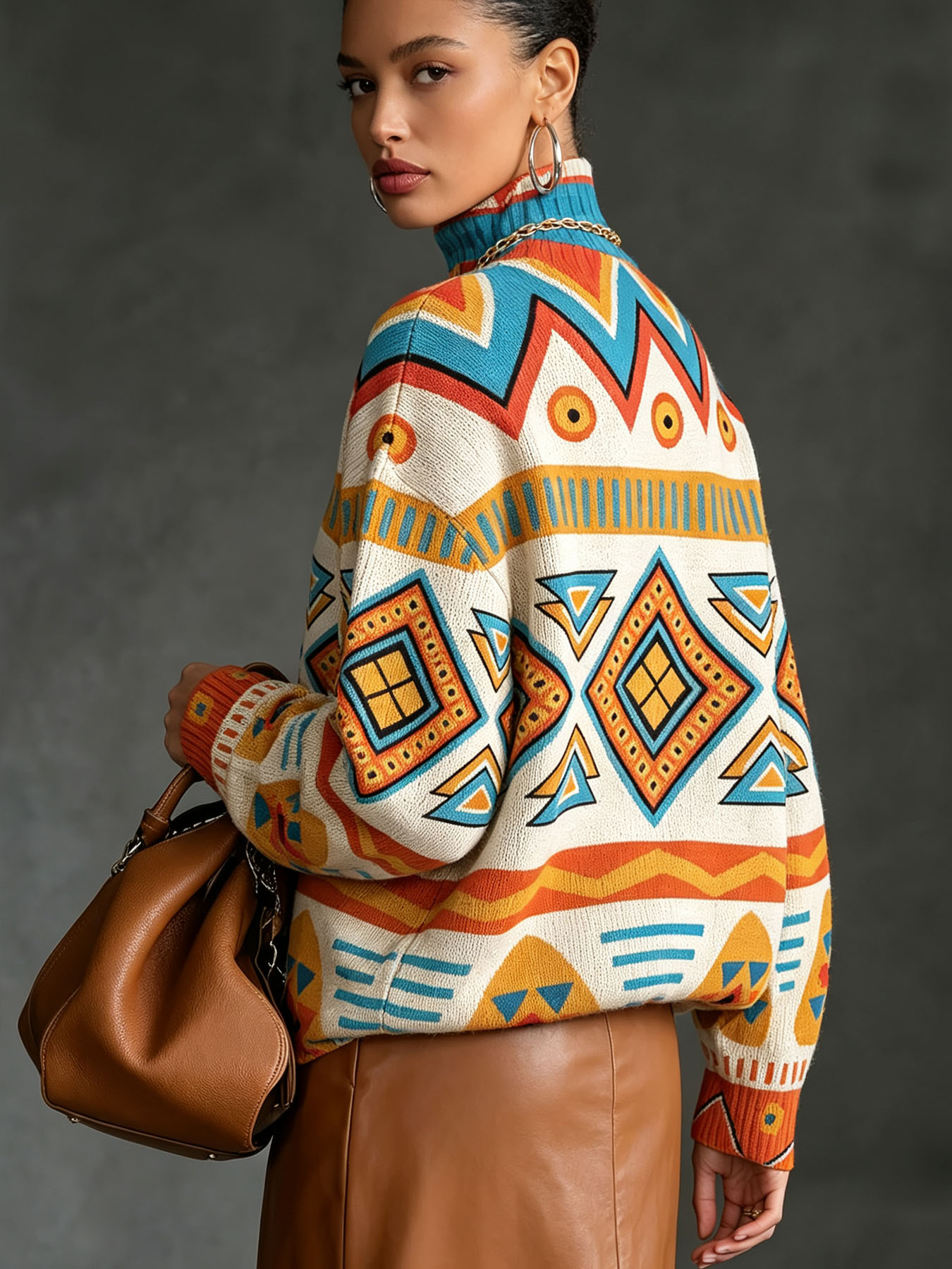 Women's Oversized Turtleneck Sweater, Bohemian Aztec Geometric Print Long Sleeve Loose Casual Fall Winter Pullover Knit Top