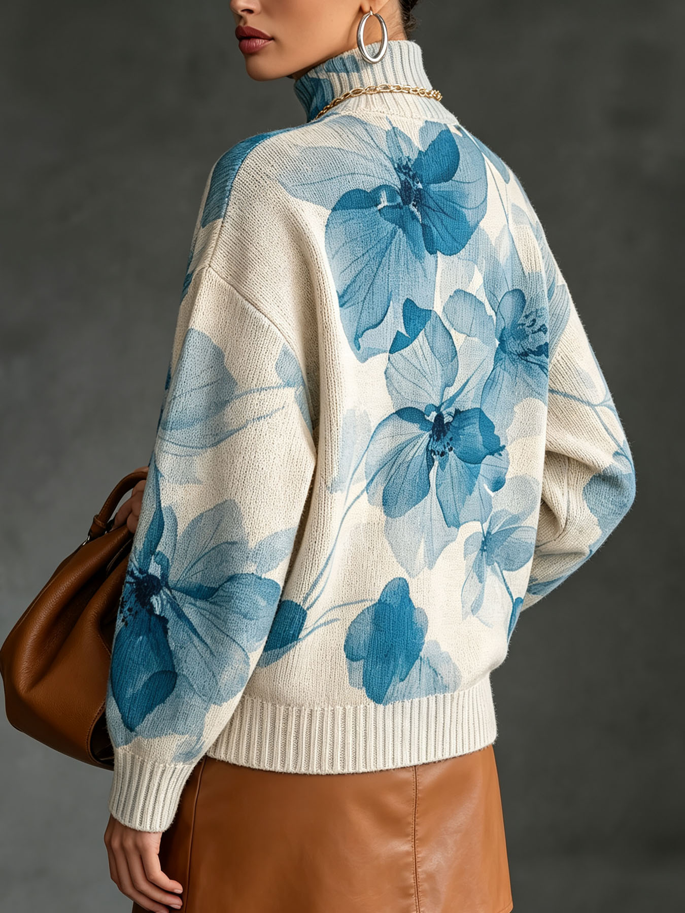Women's Oversized Turtleneck Sweater, Watercolor Blue Floral Print Long Sleeve Loose Casual Fall Winter Pullover Knit Top 2.