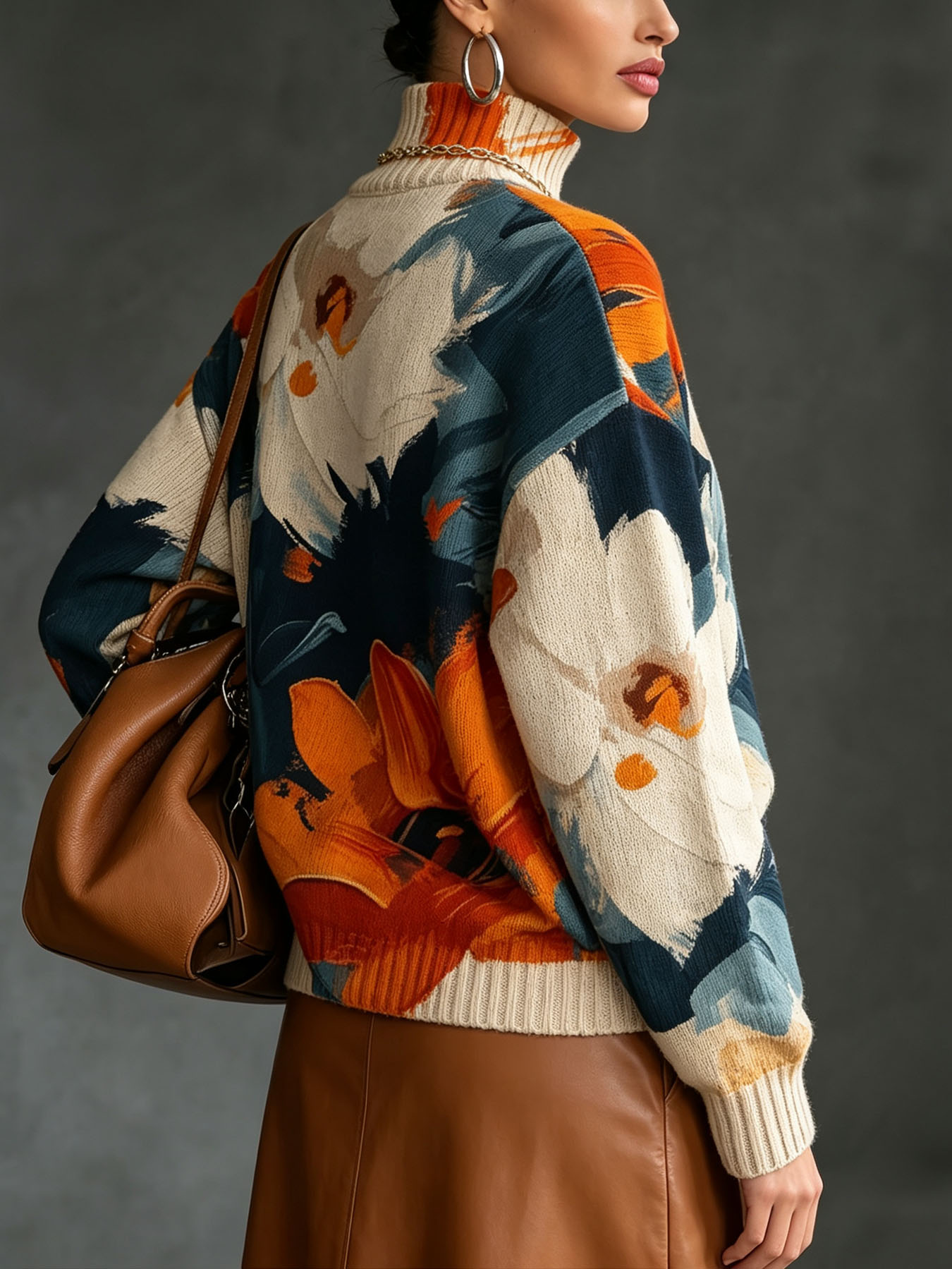 Women's Oversized Turtleneck Sweater, Abstract Oil Painting Floral Print Long Sleeve Loose Casual Fall Winter Pullover Knit Top 2.