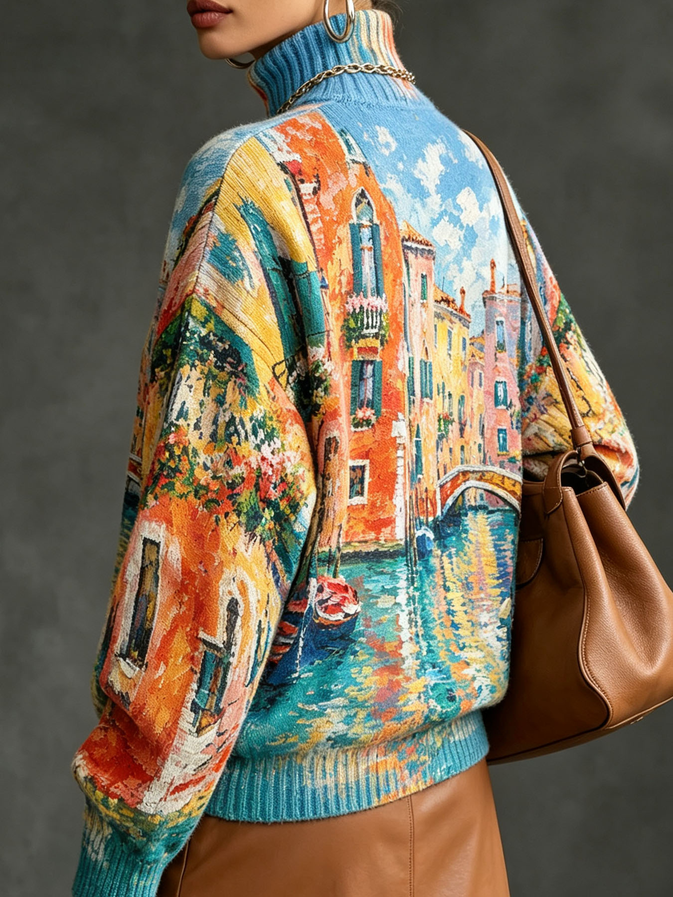 Women's Oversized Turtleneck Sweater, Venice Canal Oil Painting Print Long Sleeve Loose Casual Fall Winter Pullover Knit Top