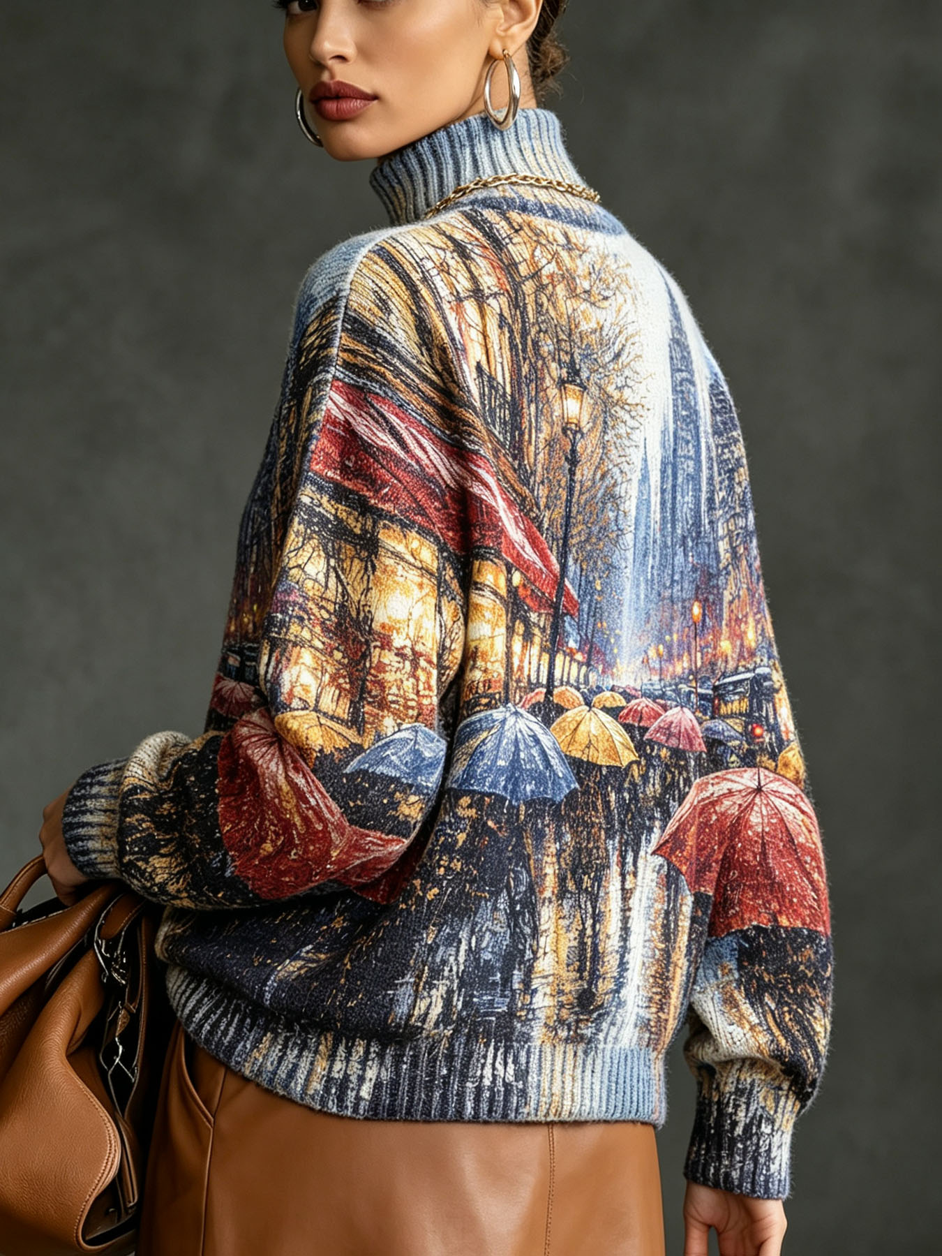 Women's Oversized Turtleneck Sweater, Rainy City Street Oil Painting Print Long Sleeve Loose Casual Fall Winter Pullover Knit Top 2.