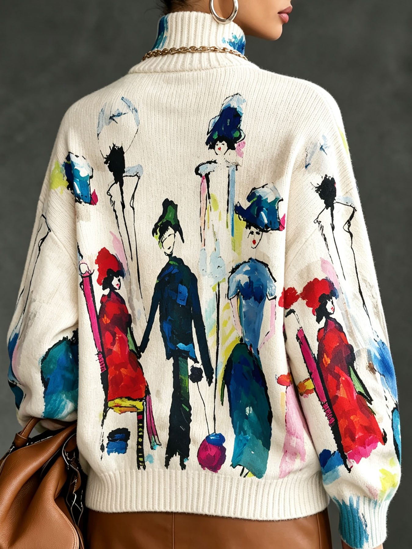 Women's Oversized Turtleneck Sweater, Abstract Art Figure Painting Print Long Sleeve Loose Casual Fall Winter Pullover Knit Top