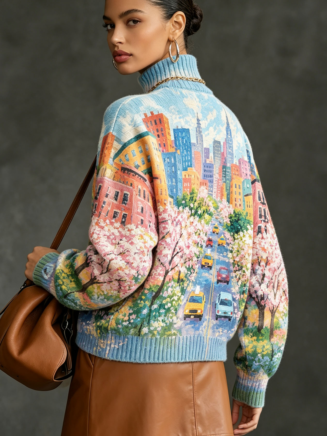 Women's Oversized Turtleneck Sweater, New York Cityscape Oil Painting Print Long Sleeve Loose Casual Fall Winter Pullover Knit Top