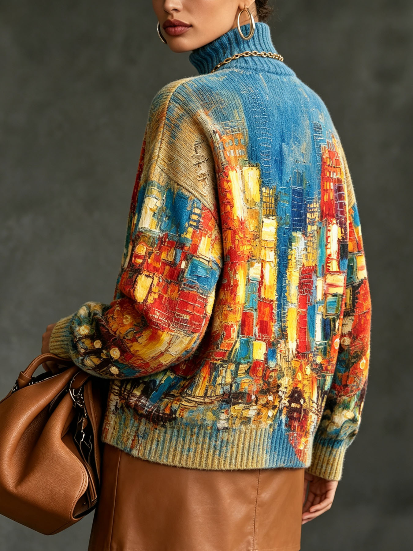 Women's Oversized Turtleneck Sweater, Abstract City Building Oil Painting Print Long Sleeve Loose Casual Fall Winter Pullover Knit Top 2.