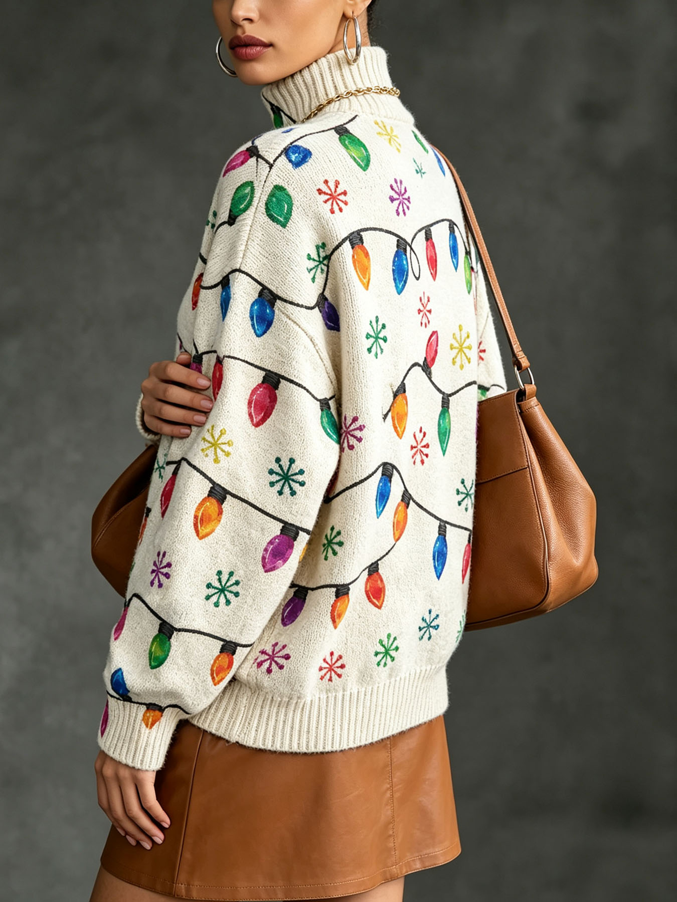 Women's Oversized Turtleneck Sweater, Christmas String Lights Snowflake Print Long Sleeve Loose Fall Winter Holiday Pullover Knit Top