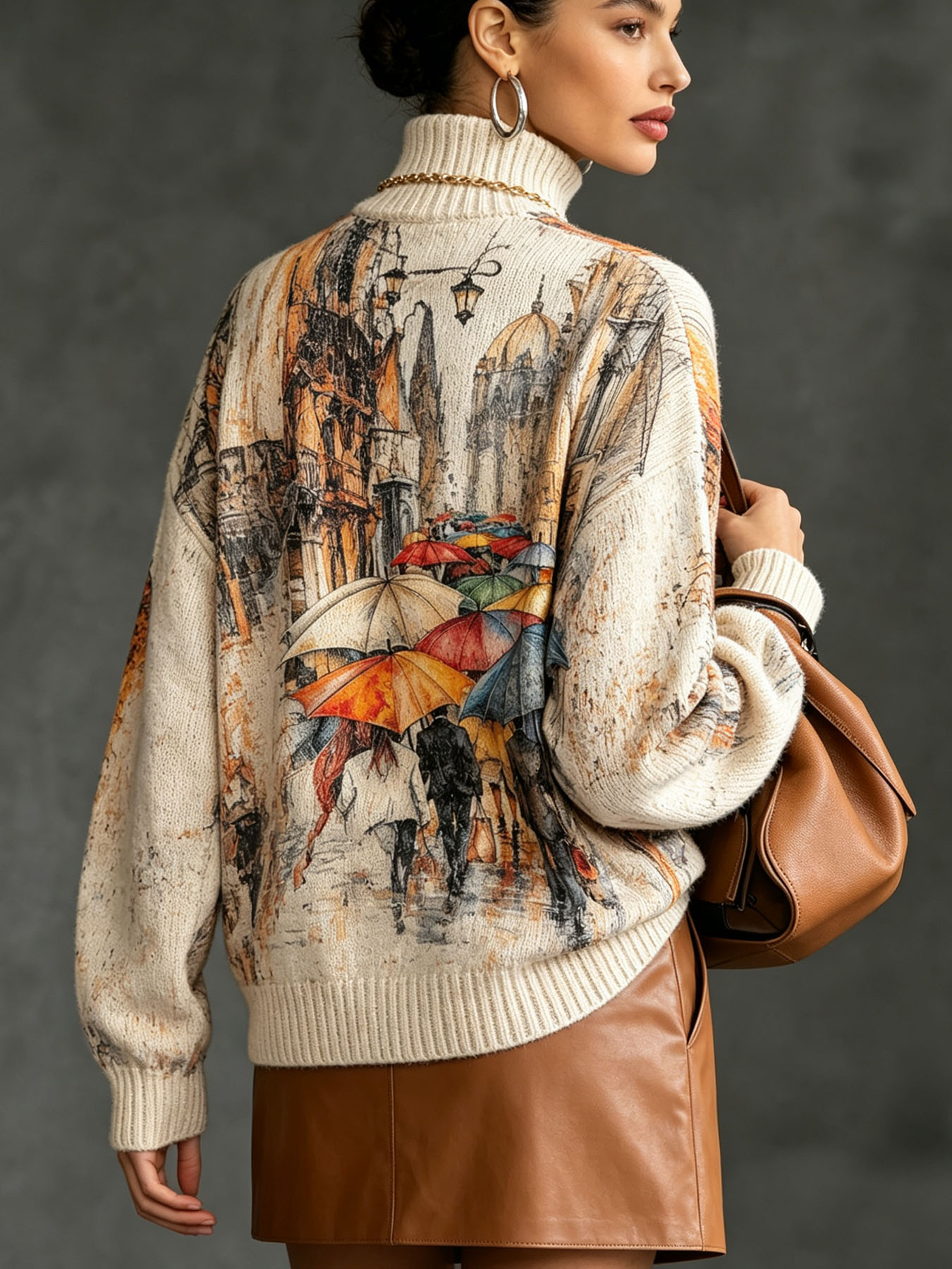 Women's Oversized Turtleneck Sweater, European Rainy Street Scene Oil Painting Print Long Sleeve Loose Casual Fall Winter Pullover Knit Top