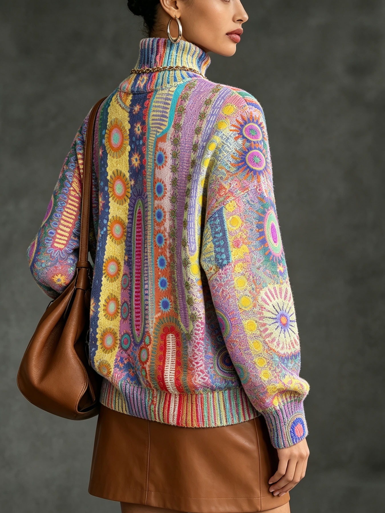Women's Oversized Turtleneck Sweater, Bohemian Ethnic Colorful Geometric Sun Print Long Sleeve Loose Casual Fall Winter Pullover Knit Top