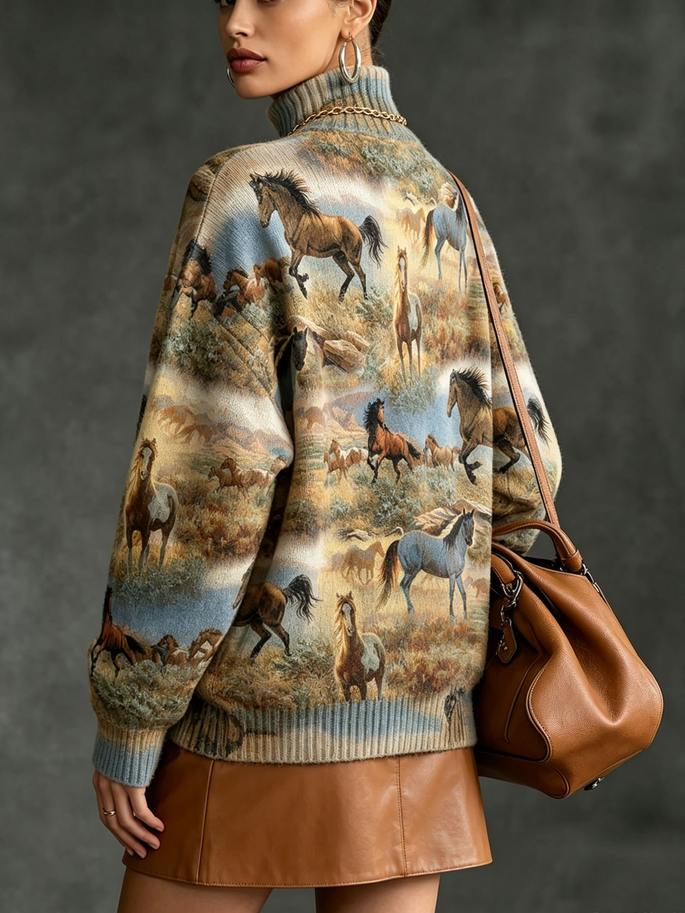 Women's Oversized Turtleneck Sweater, Wild Horses Prairie Landscape Oil Painting Print Long Sleeve Loose Casual Fall Winter Pullover Knit Top
