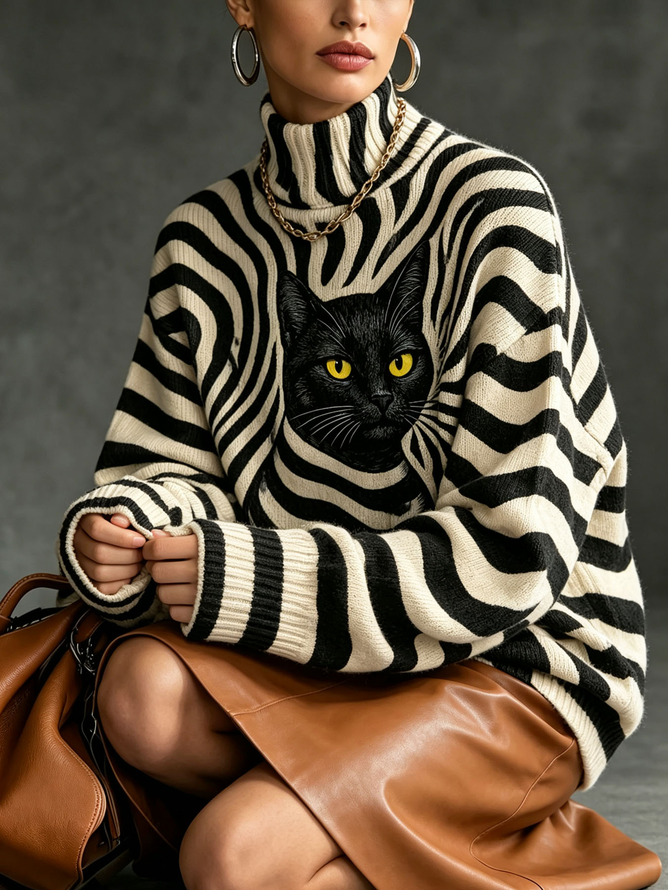 Women's Oversized Turtleneck Sweater, Black Cat with Swirl Optical Illusion Print Long Sleeve Loose Casual Fall Winter Pullover Knit Top