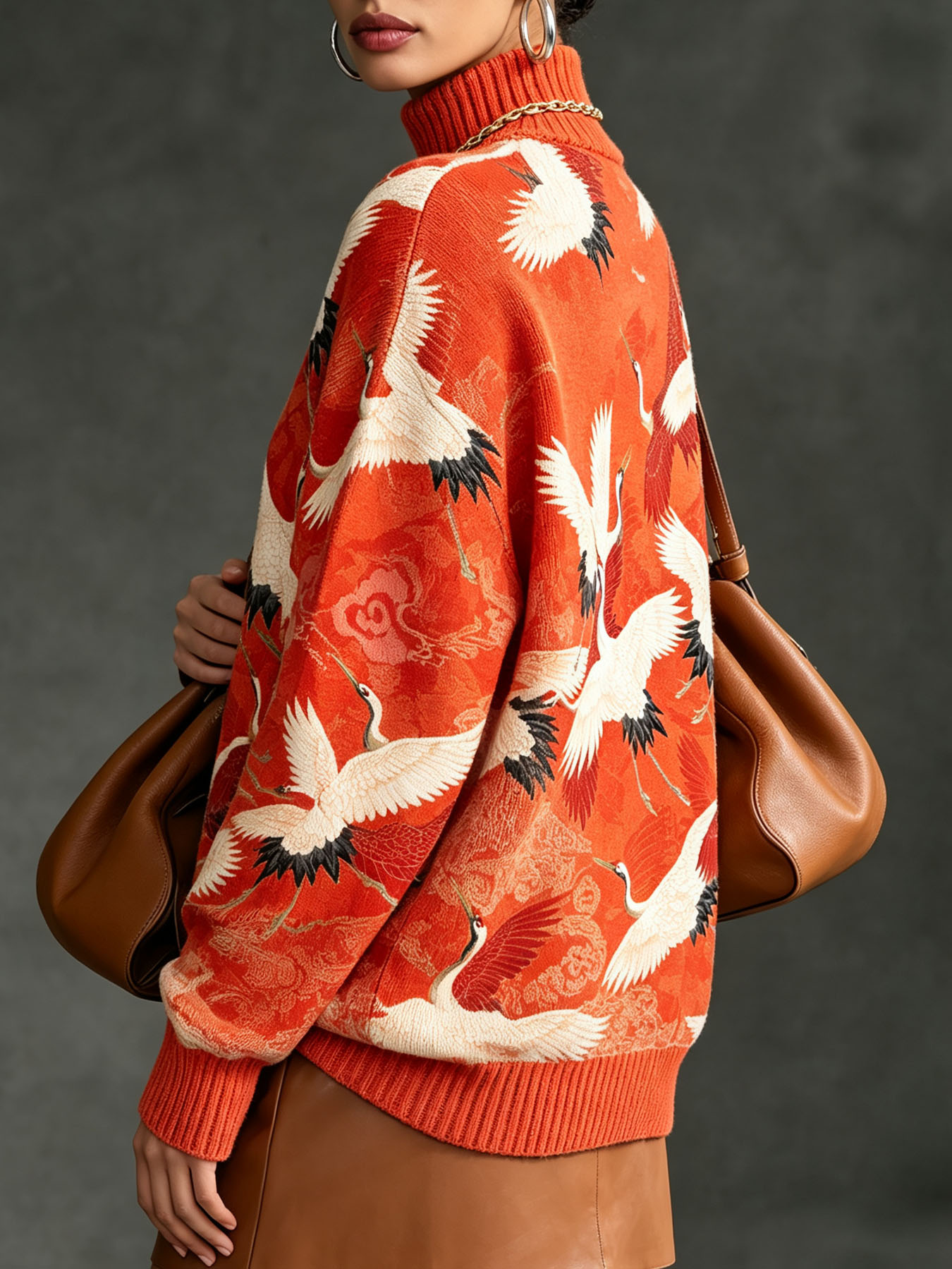 Women’s Red Crane Print Sweater – Oversized Cozy Turtleneck Knit Top with Artistic Bird Design
