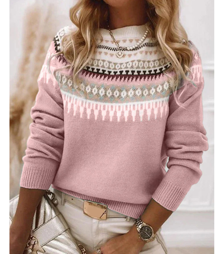 Women's Nordic Pattern Knit Sweater – Cozy Long Sleeve Pullover with Elegant Winter Print