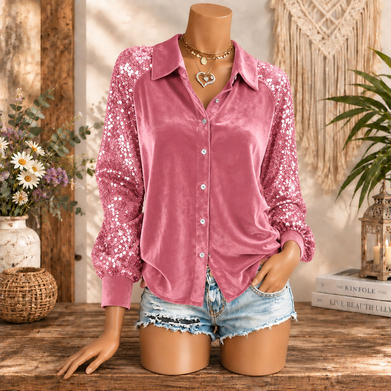 Women's Velvet Button Down Shirt Sequin Long Sleeve Blouse Elegant Sparkle Party Top Casual Luxury Shirt for Fall Winter
