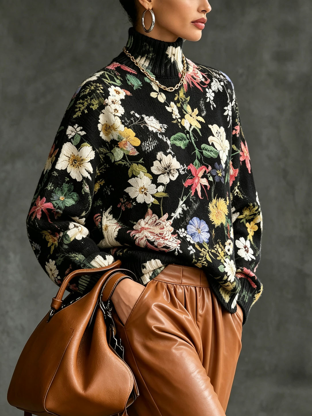 Women Floral Print Turtleneck Sweater, Long Sleeve Loose Fit Knit Pullover Vintage Flower Pattern Casual Fall Winter Jumper Tops