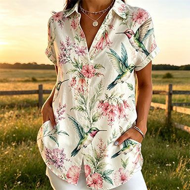 Women’s Short Sleeve Button Down Shirt, Lightweight Polyester Hummingbird Floral Print Collared Casual Blouse with Pockets for Summer Vacation