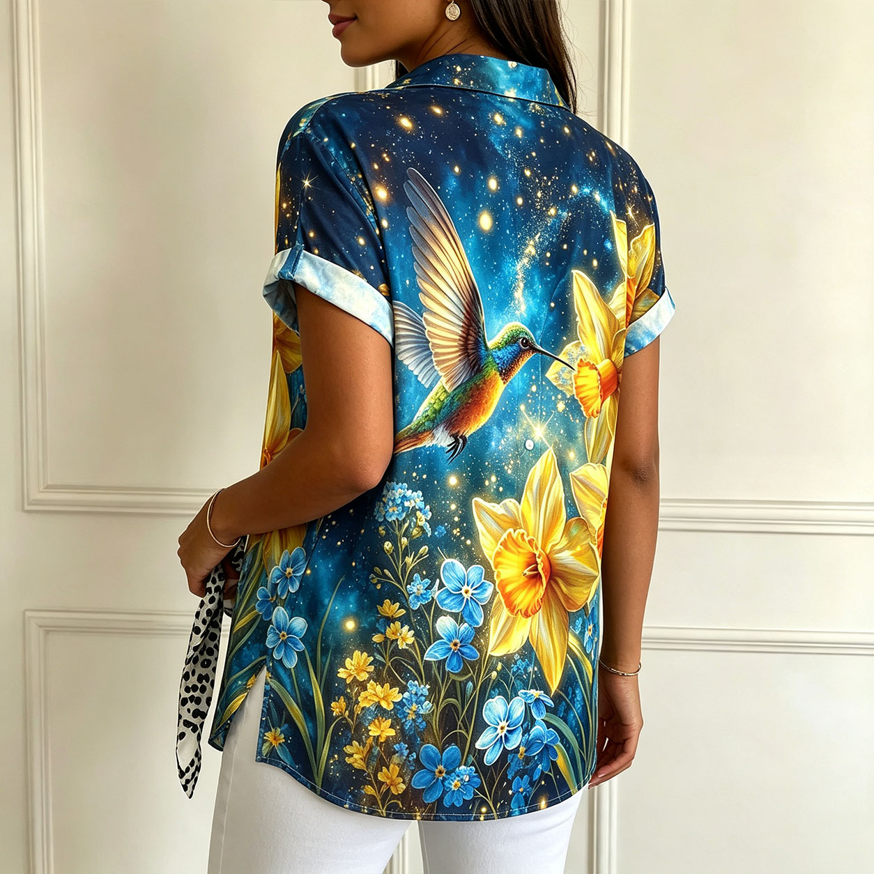 Women’s Short Sleeve Button Down Shirt, Tropical Hummingbird Floral Print Blouse, Lightweight Polyester Casual Summer Shirt, Colorful Botanical Hawaiian Style Top for Beach Vacation & Everyday Wear-gemscharms