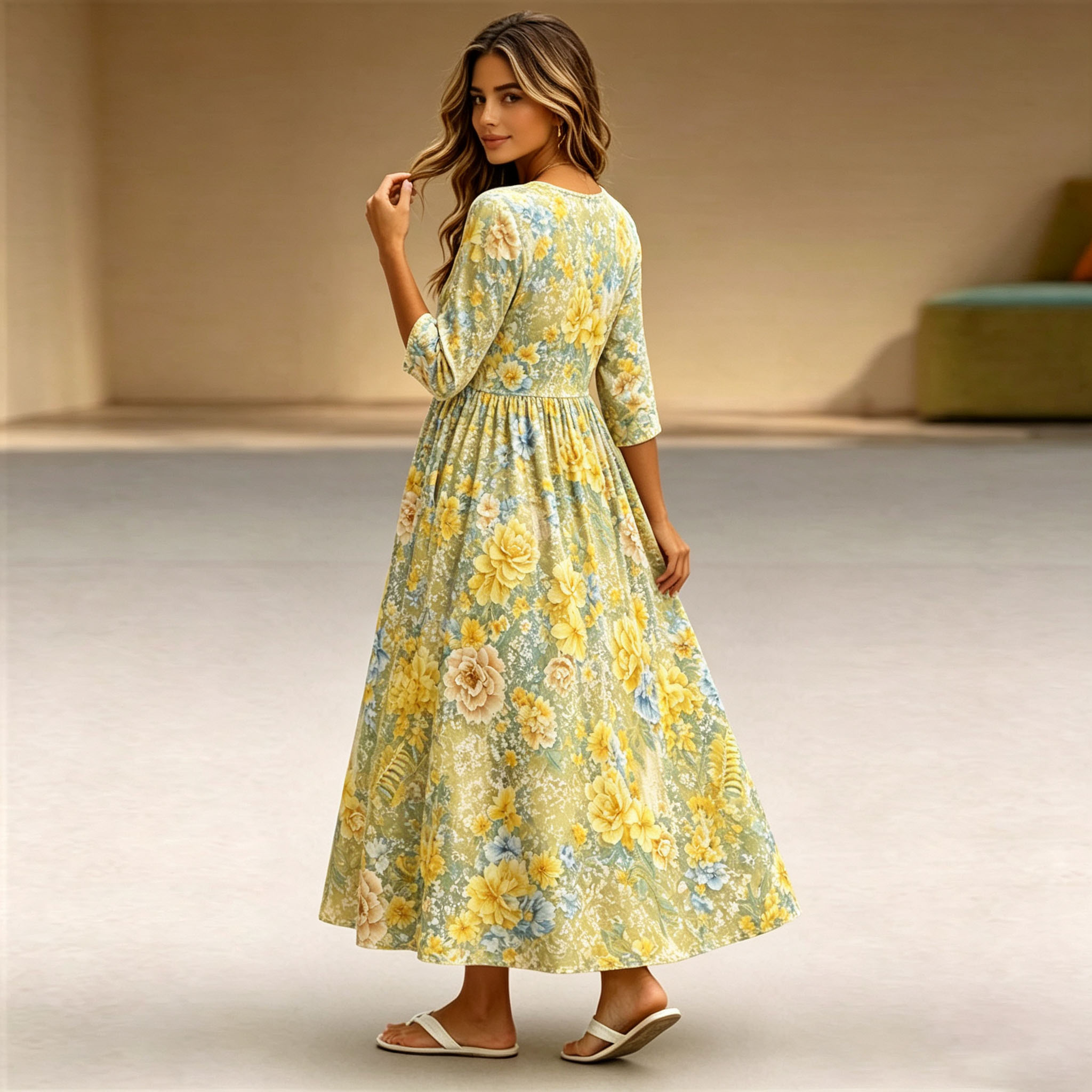 Women's Floral Maxi Dress 3/4 Sleeve Casual Swing Dress with Pockets, Vintage A Line Long Dress for Spring Summer Fall