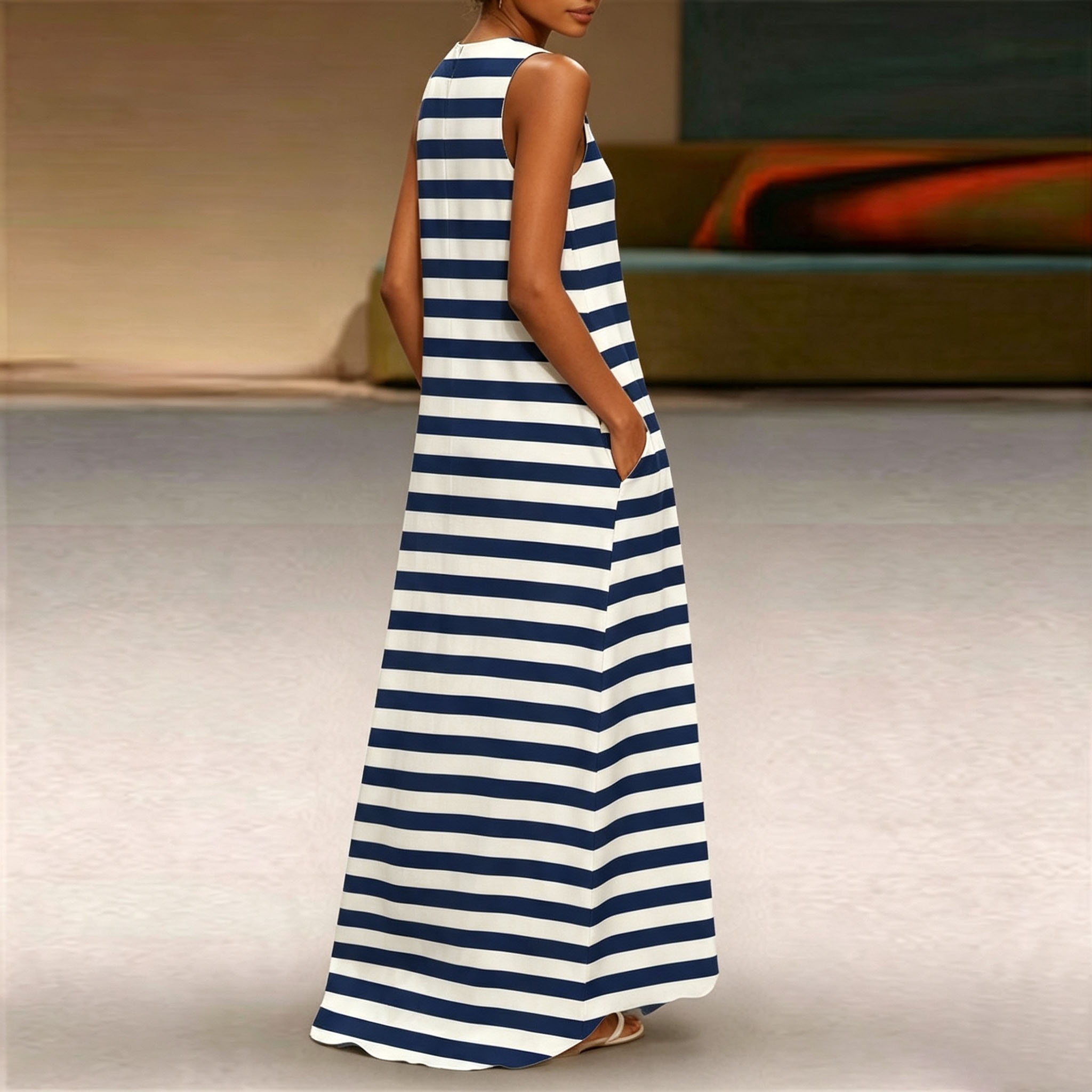 Women's Navy Blue Striped Maxi Dress – Sleeveless Summer Casual Dress with Classic Horizontal Stripe Pattern and Relaxed A-Line Fit