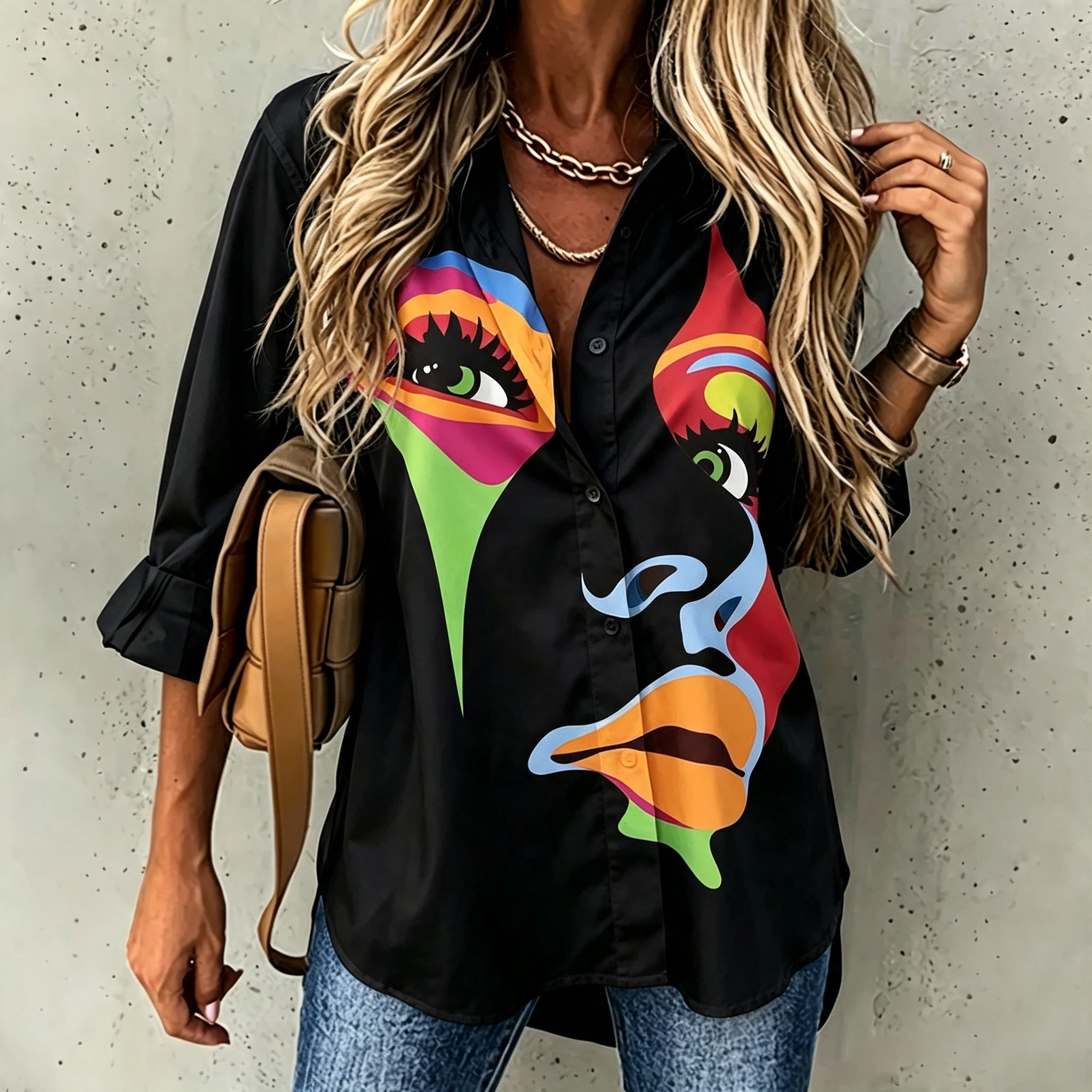 Women's Abstract Face Print Button Down Shirt Long Sleeve Artistic Blouse Casual Loose Fit Graphic Tops Fashion Statement Shirt for Women-gemscharms