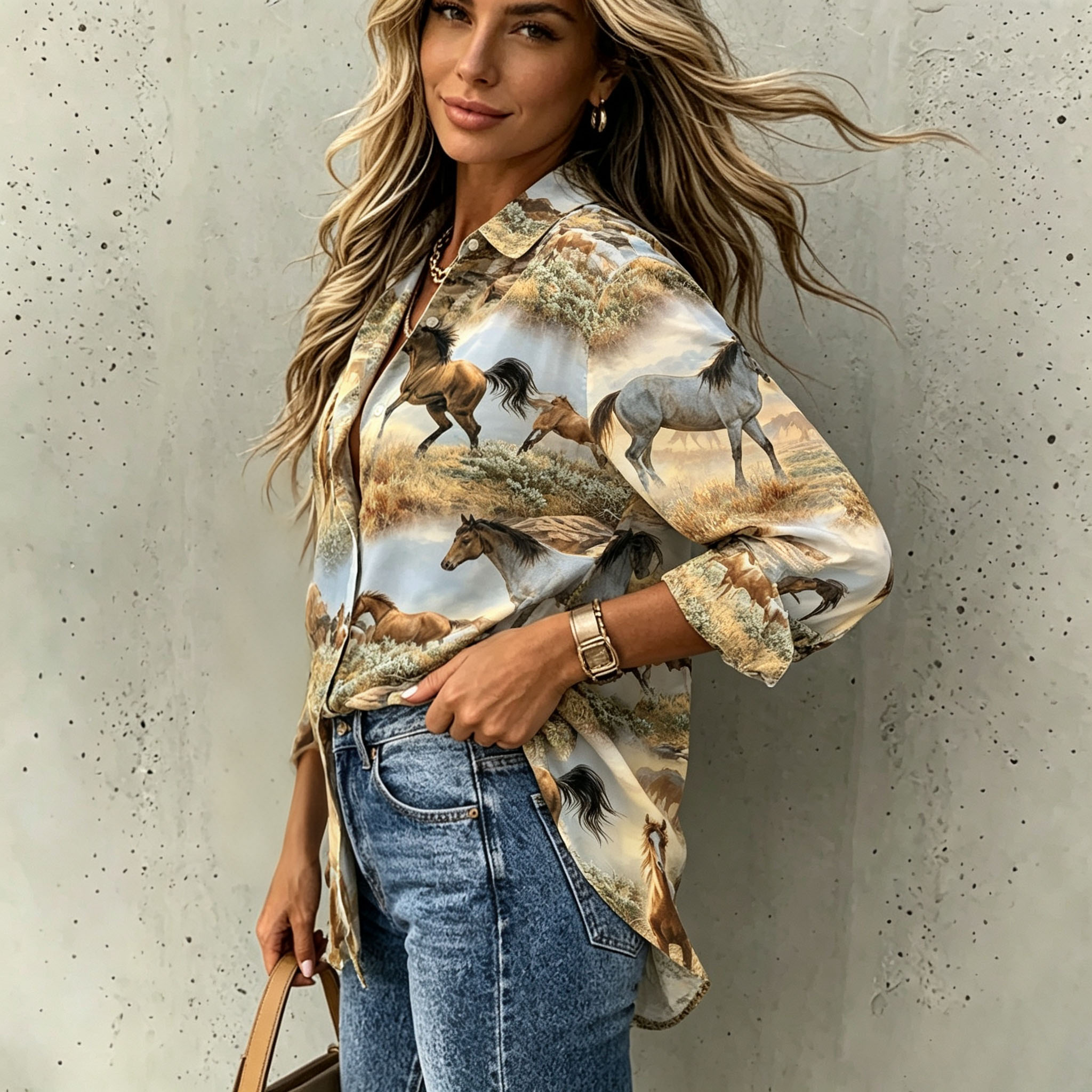 Women's Wild Horse Print Button Down Shirt Long Sleeve Casual Blouse, Western Equestrian Landscape Graphic Shirt, Relaxed Fit Lightweight Tops for Women Fall Spring Vacation Outfit
