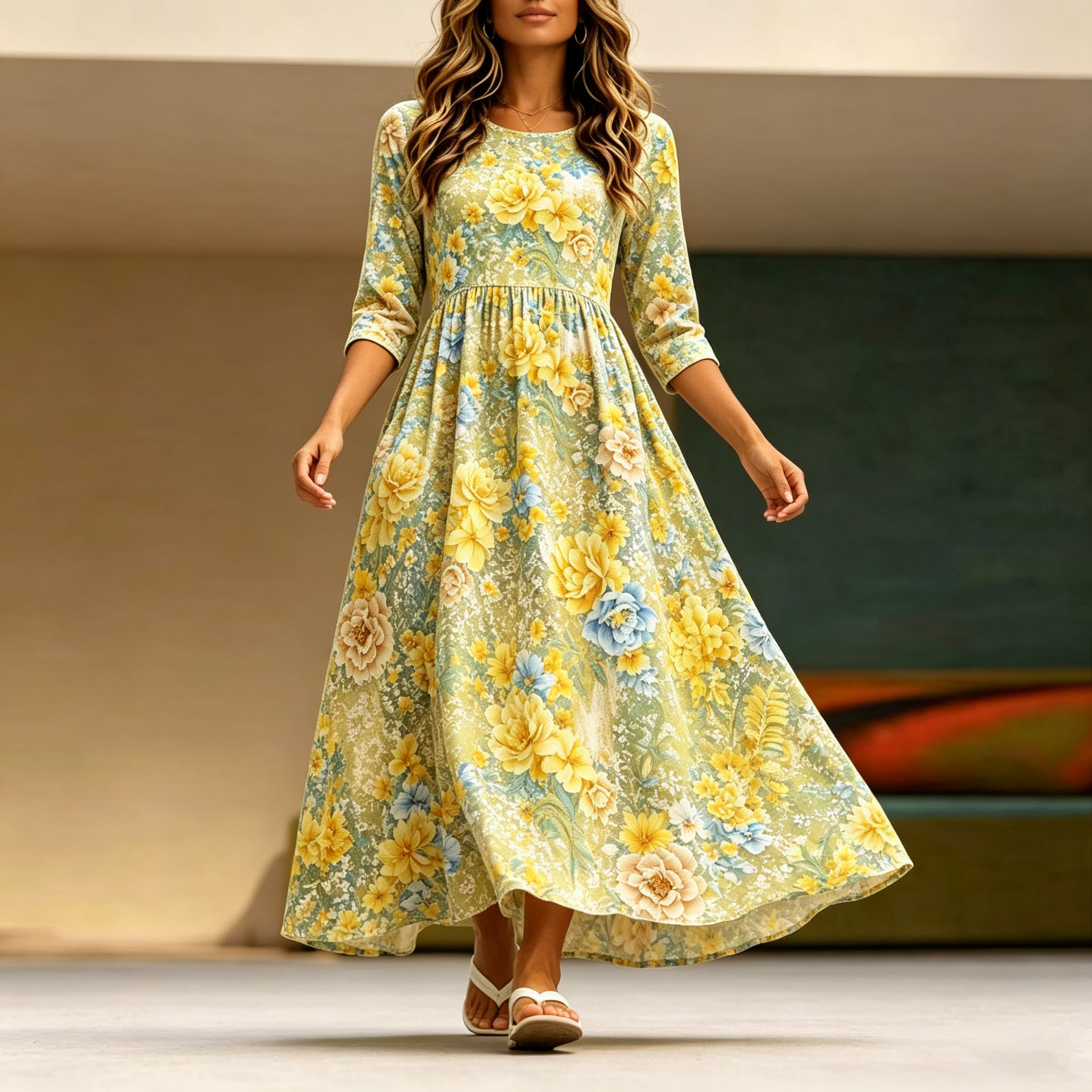 Women's Floral Maxi Dress 3/4 Sleeve Casual Swing Dress with Pockets, Vintage A Line Long Dress for Spring Summer Fall