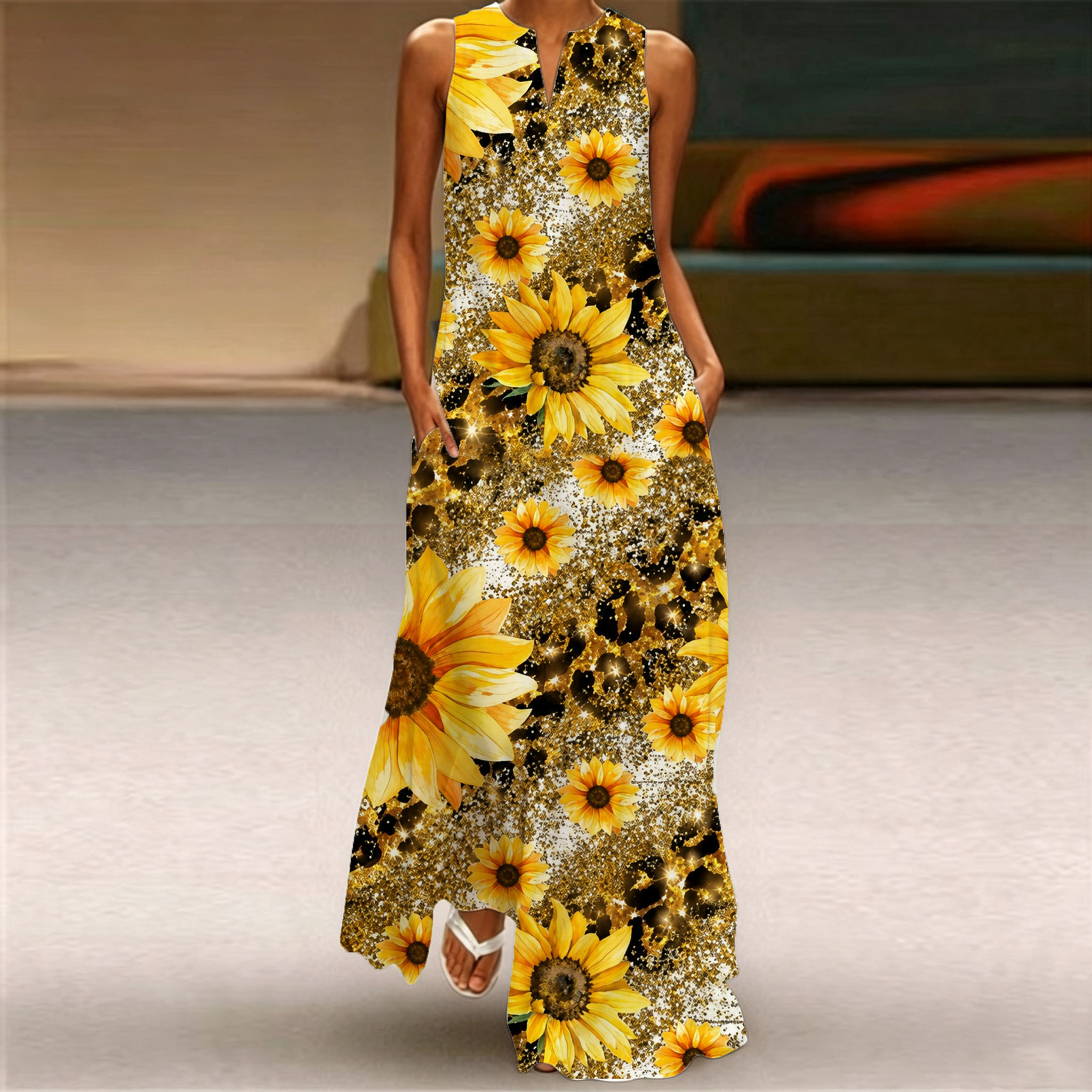 Women Sleeveless V‑Neck Long Maxi Dress Casual Loose‑Fit Sunflower Print Flowy Summer Long Dresses With Pockets