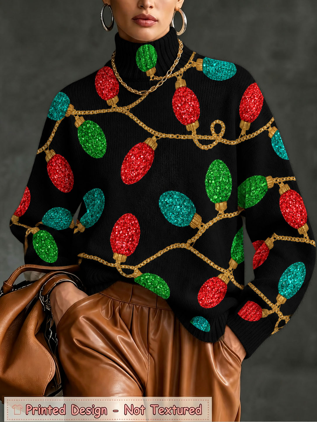 Women's Christmas Sweater, Festive Light Bulb Print Turtleneck Knit Pullover, Red Holiday Long Sleeve Oversized Sweater Top for Winter Xmas Party