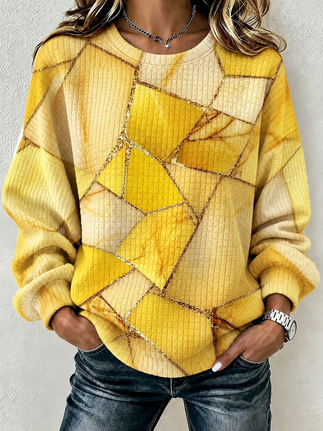 Women's Waffle Knit Sweatshirt Orange Marble Geometric Gold Foil Print Crew Neck Long Sleeve Casual Loose Pullover Tops  >