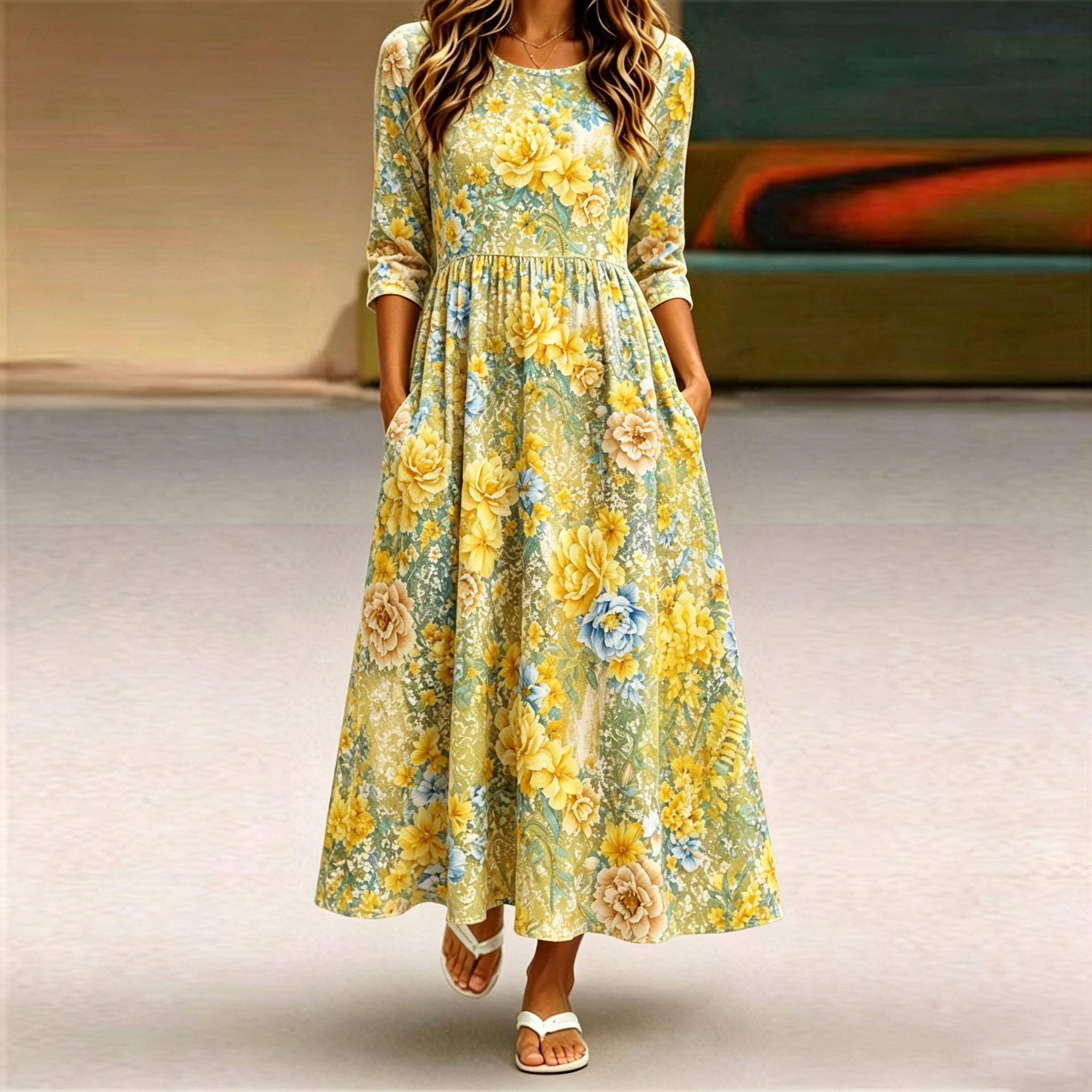 Women's Floral Maxi Dress 3/4 Sleeve Casual Swing Dress with Pockets, Vintage A Line Long Dress for Spring Summer Fall