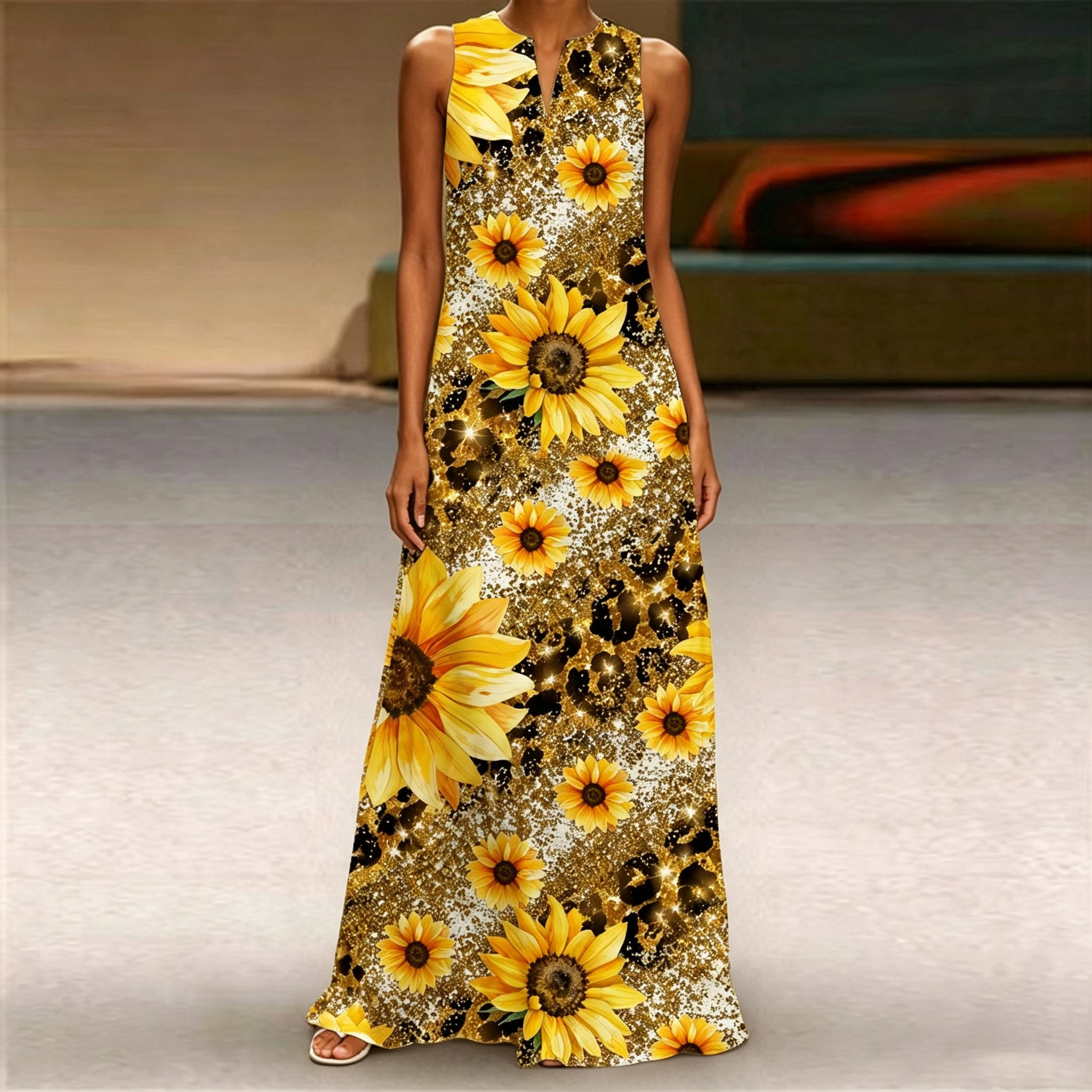 Women Sleeveless V‑Neck Long Maxi Dress Casual Loose‑Fit Sunflower Print Flowy Summer Long Dresses With Pockets