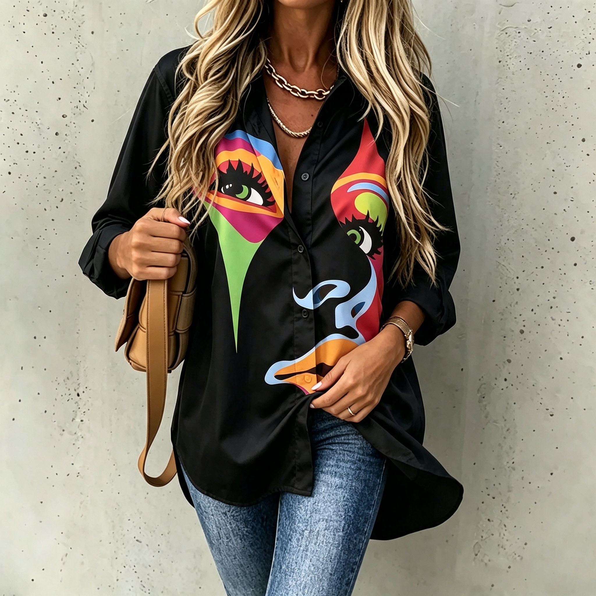 Women's Abstract Face Print Button Down Shirt Long Sleeve Artistic Blouse Casual Loose Fit Graphic Tops Fashion Statement Shirt for Women-gemscharms