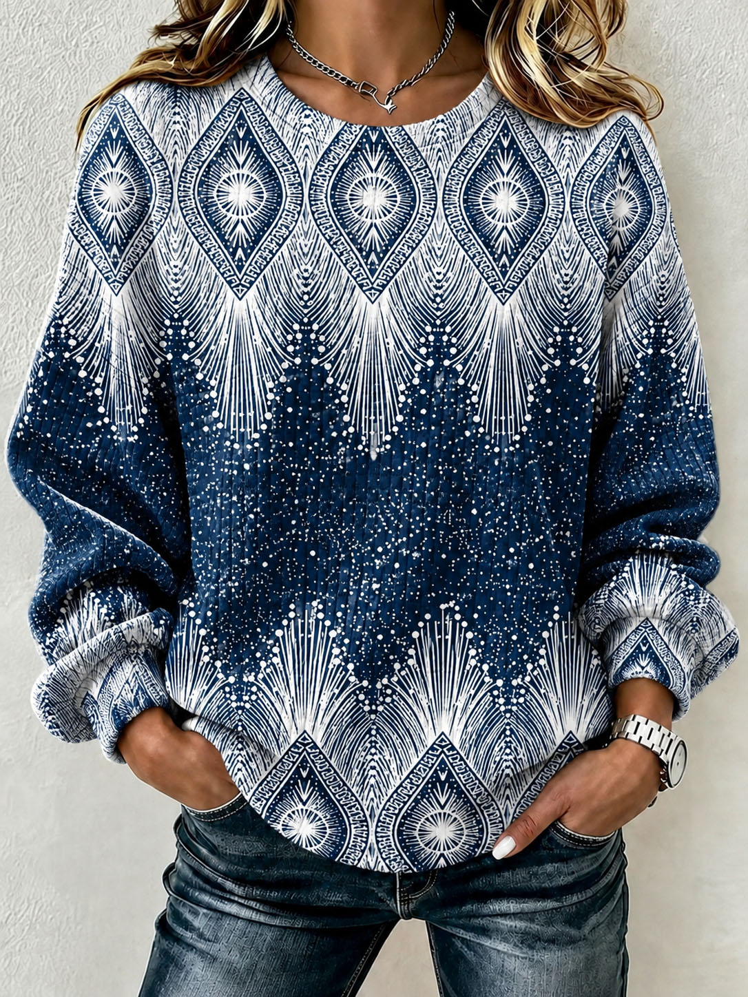 Women's Waffle Knit Sweatshirt Navy Blue Boho Diamond Radiant Geometric Print Crew Neck Long Sleeve Casual Loose Pullover Tops  >