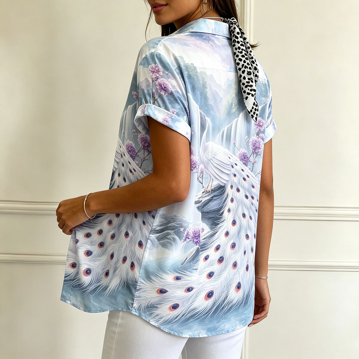 Women’s Short Sleeve Button Down Shirt, Elegant Peacock Print Blouse, Waterfall Landscape Graphic Top, Lightweight Polyester Casual Summer Shirt for Vacation, Resort & Everyday Wear-gemscharms
