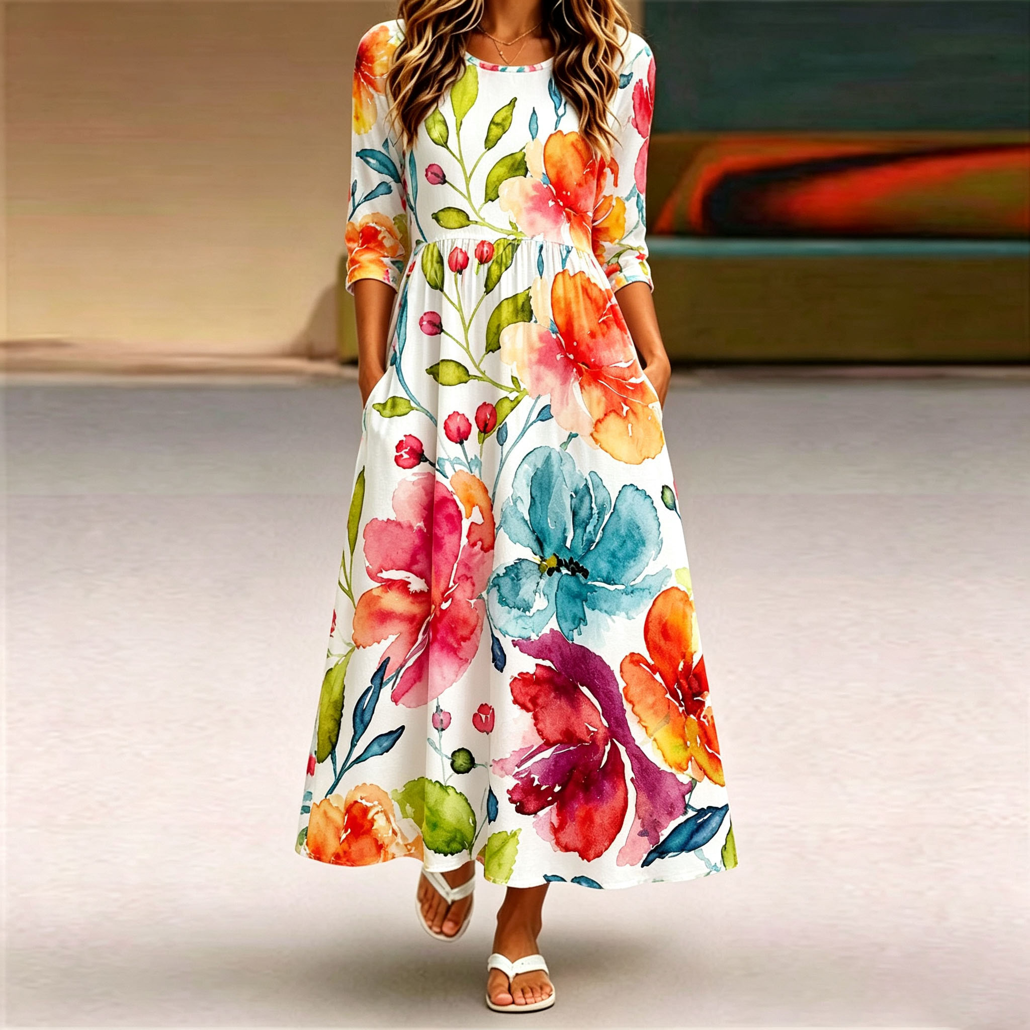 Women's Floral Maxi Dress 3/4 Sleeve Casual Swing Dress with Pockets, Elegant A Line Long Dress for Summer Vacation, Spring Fall