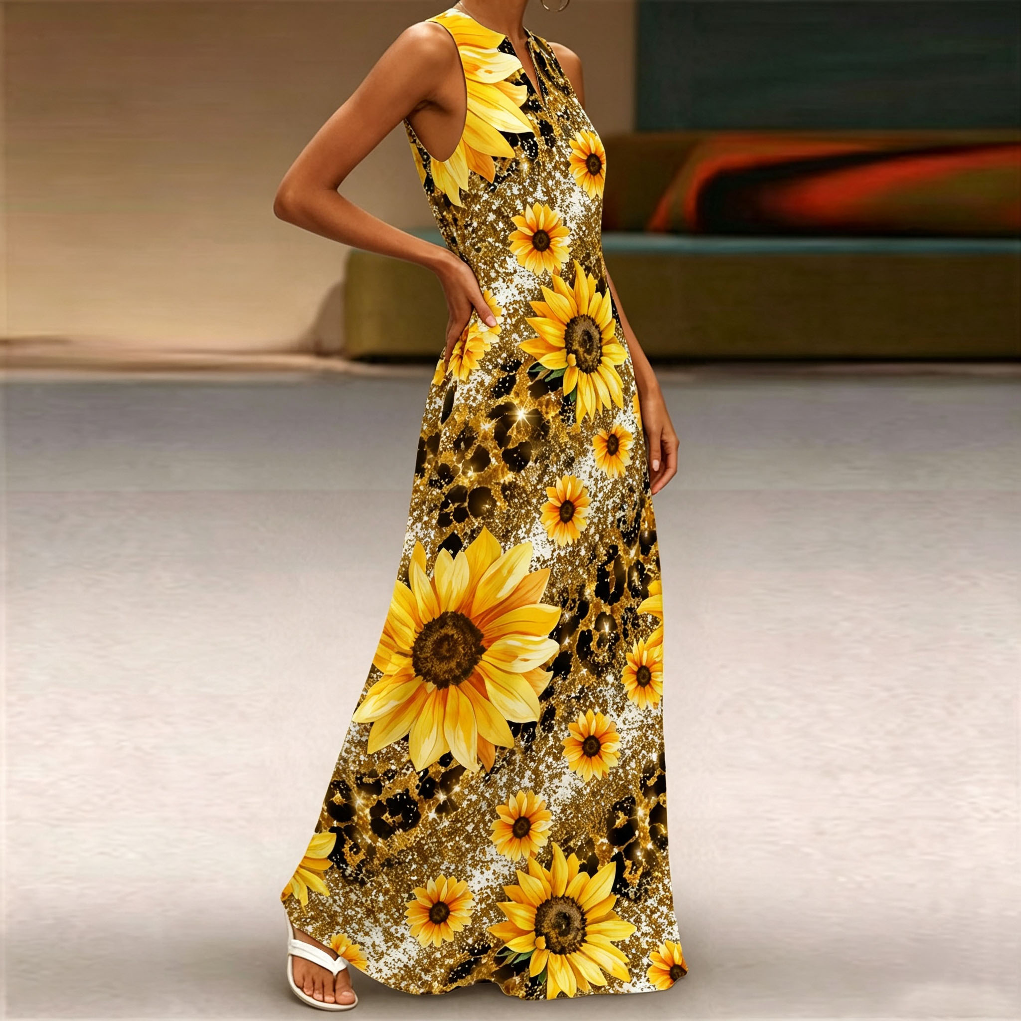 Women Sleeveless V‑Neck Long Maxi Dress Casual Loose‑Fit Sunflower Print Flowy Summer Long Dresses With Pockets