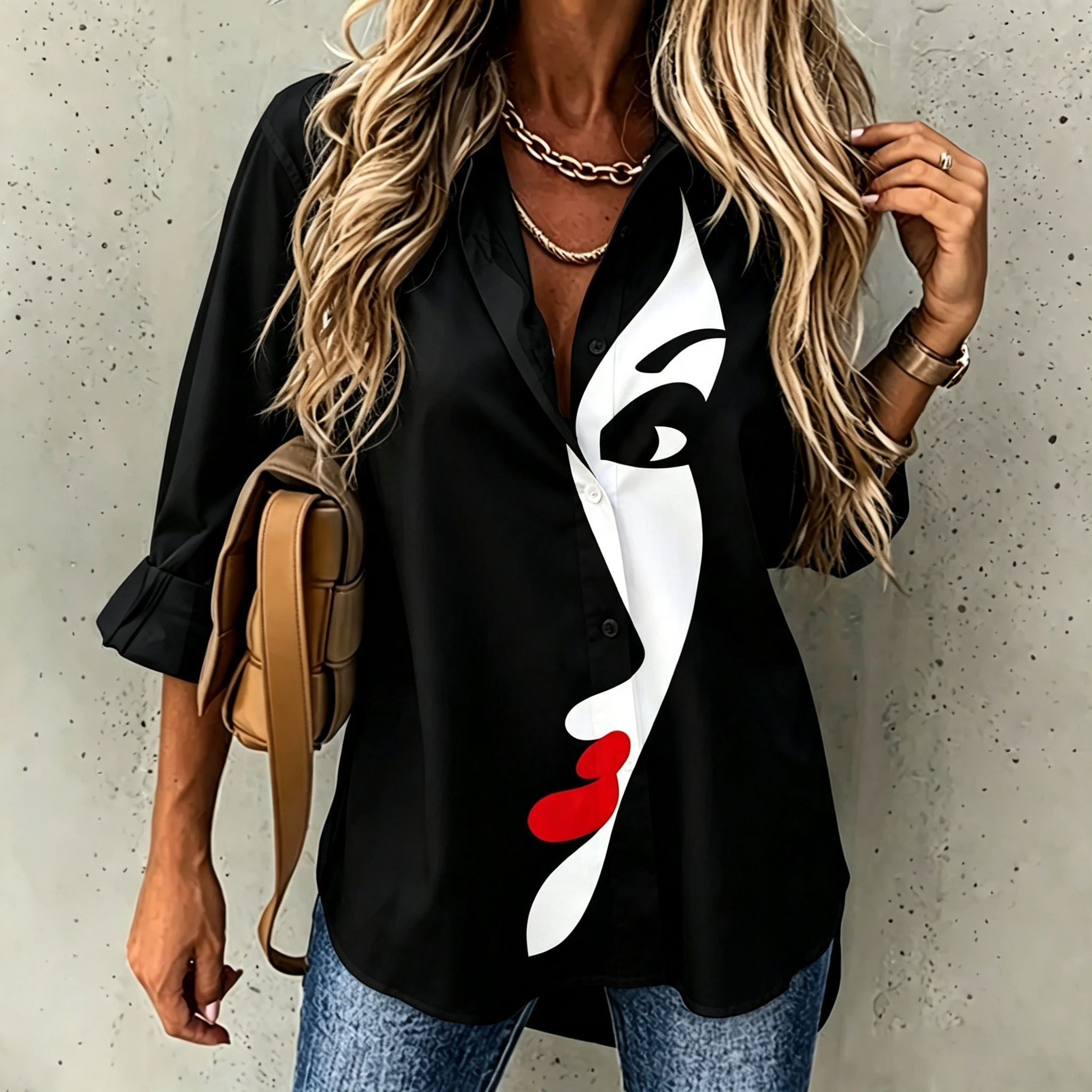 Women's Abstract Face Print Button Down Shirt Long Sleeve Minimalist Graphic Blouse Casual Loose Fit Black White Artistic Tops Modern Fashion Shirt-gemscharms