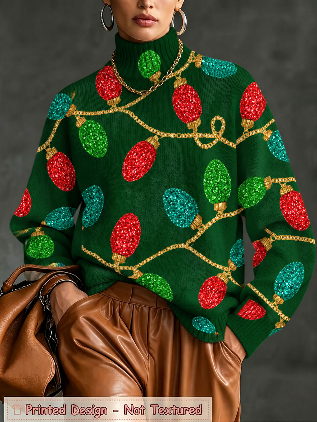 Women's Christmas Sweater, Festive Light Bulb Print Turtleneck Knit Pullover, Red Holiday Long Sleeve Oversized Sweater Top for Winter Xmas Party