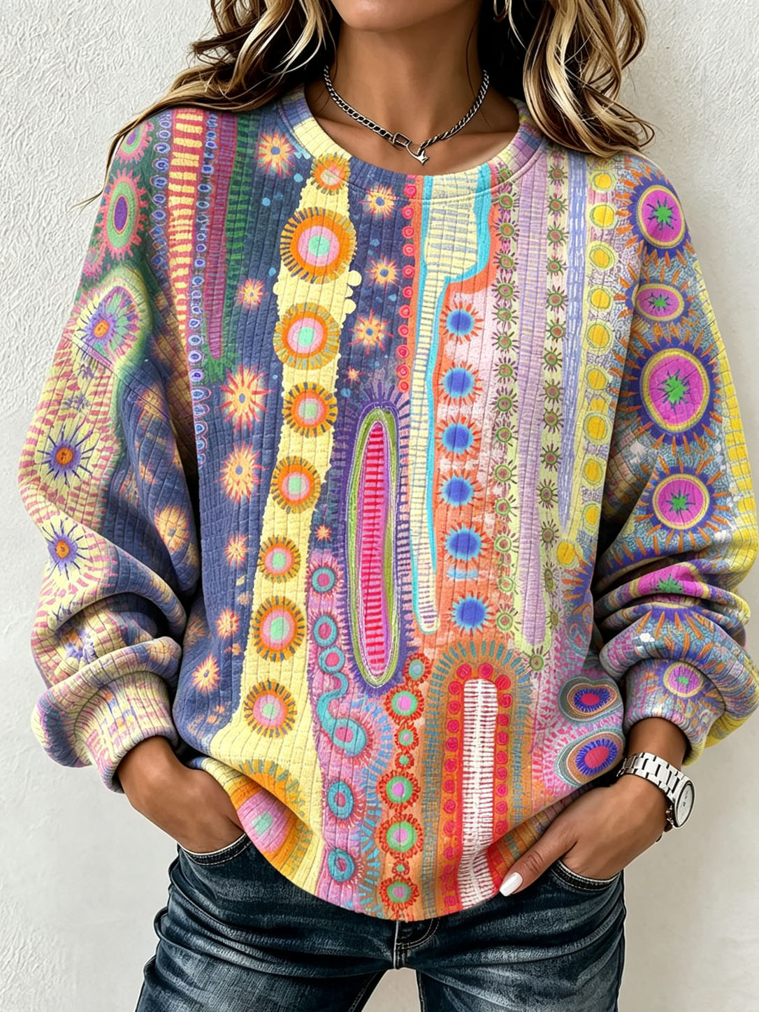 Women's Waffle Knit Sweatshirt Boho Colorful Geometric Abstract Print Crew Neck Long Sleeve Casual Loose Pullover Tops  >