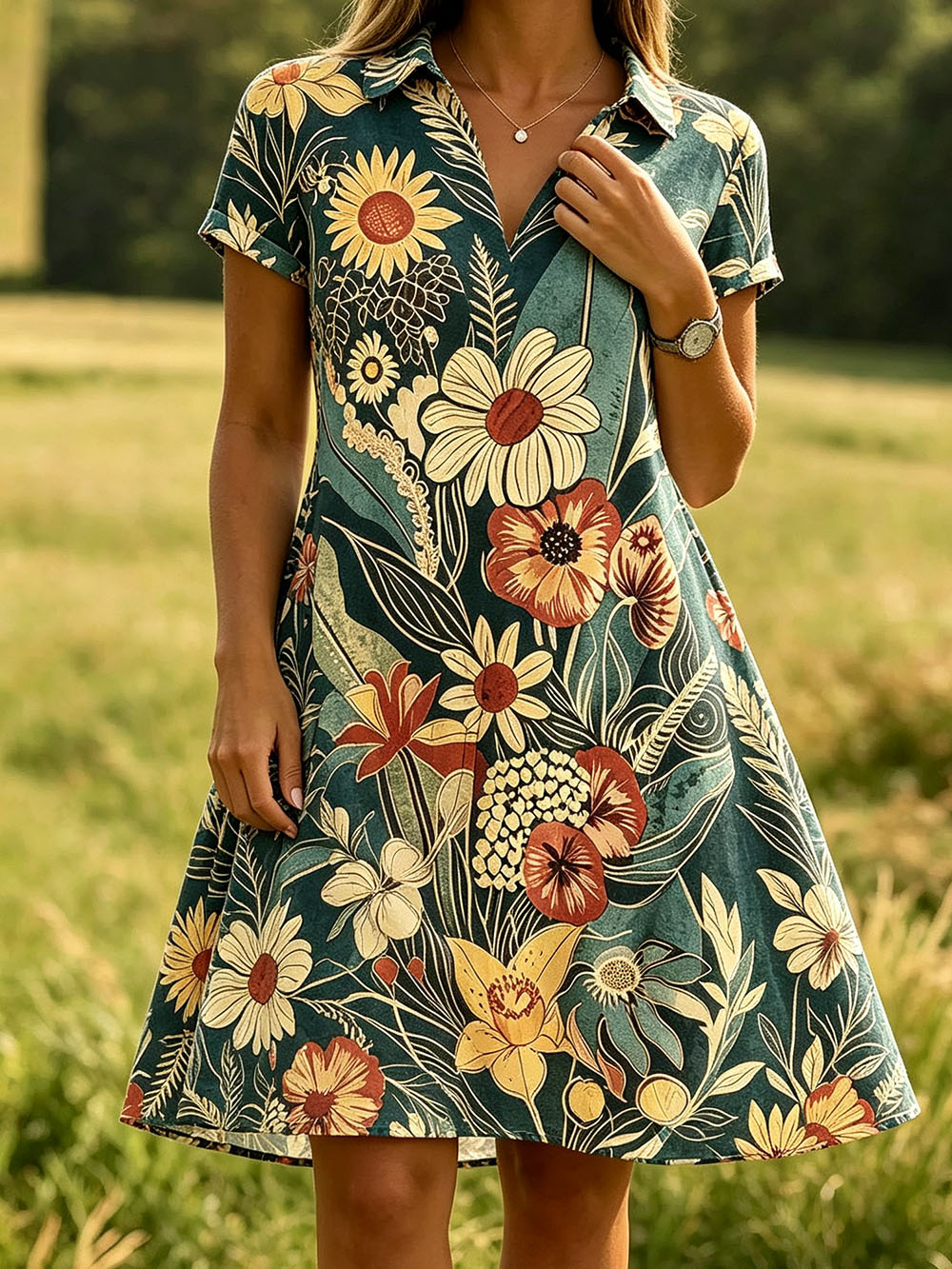 Women’s Collared V-Neck Short Sleeve Midi Dress, Lightweight Polyester Retro Sunflower Floral Print Flowy A-Line Summer Dress for Countryside Vacation