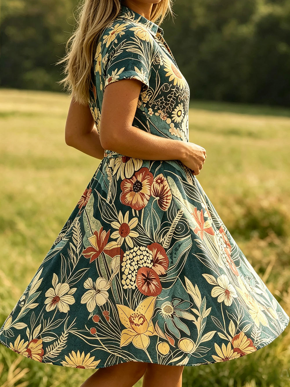 Women’s Collared V-Neck Short Sleeve Midi Dress, Lightweight Polyester Retro Sunflower Floral Print Flowy A-Line Summer Dress for Countryside Vacation